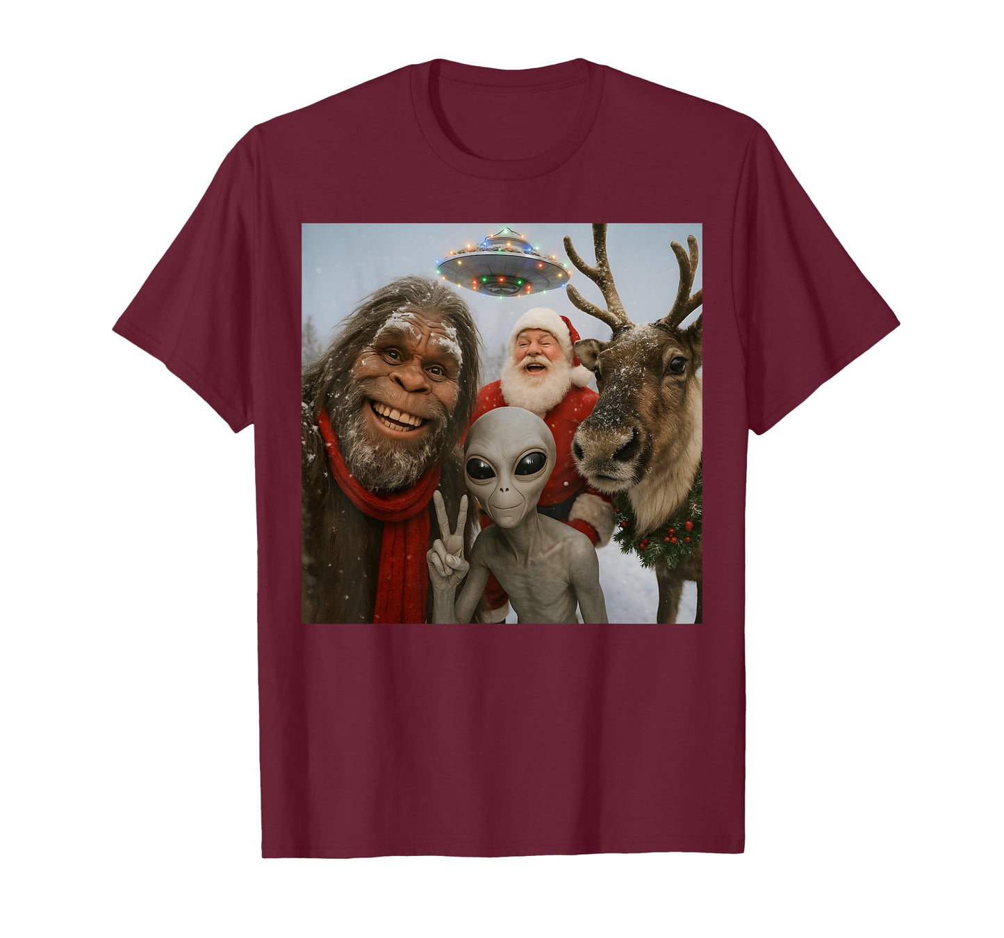 Funny Bigfoot Alien UFO Santa Reindeer Christmas T-Shirt