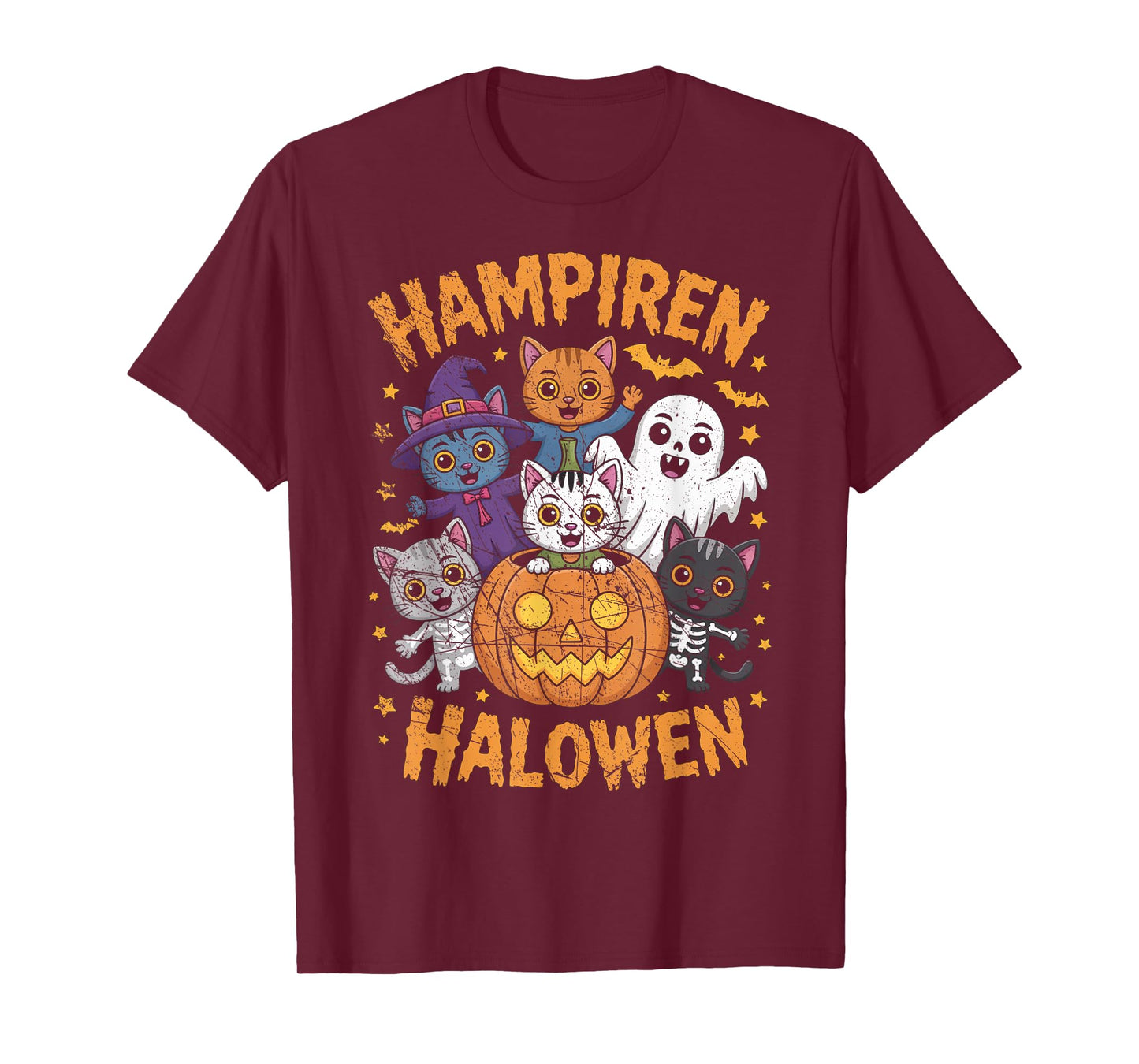 Vampire Ghost Zombie Witch Cats in Pumpkin Cute Halloween T-Shirt