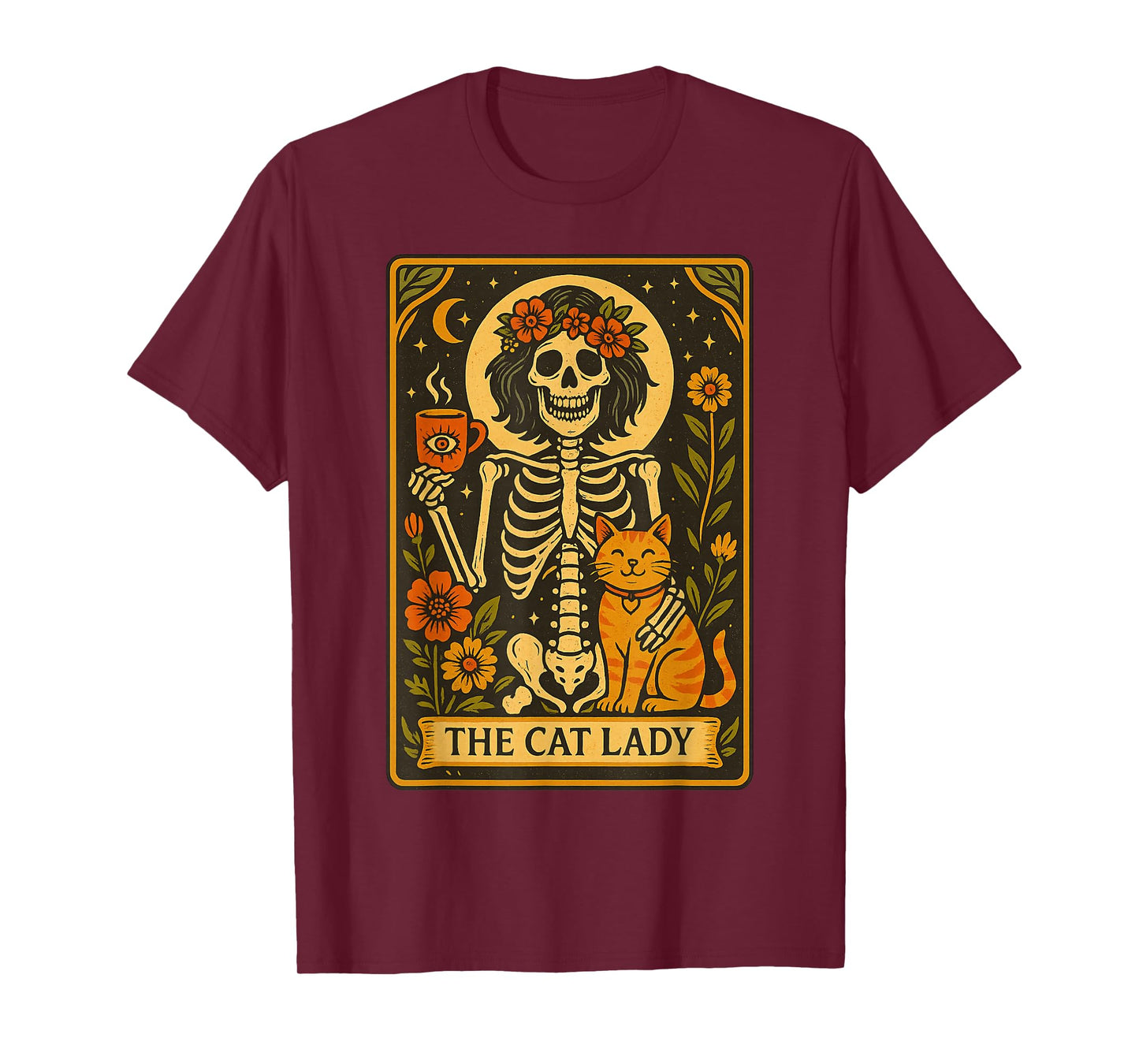 Mystic Skeleton The Cat Lady with Coffee Tarot Card Vibes T-Shirt
