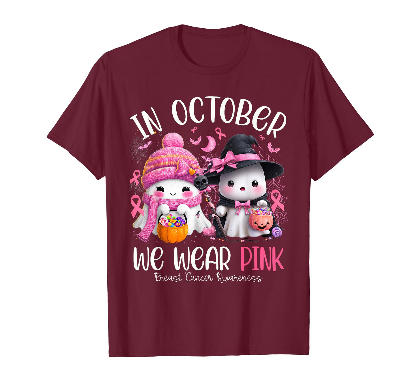 in October We Wear Pink Ghost Witch Breast Cancer Awareness T-Shirt