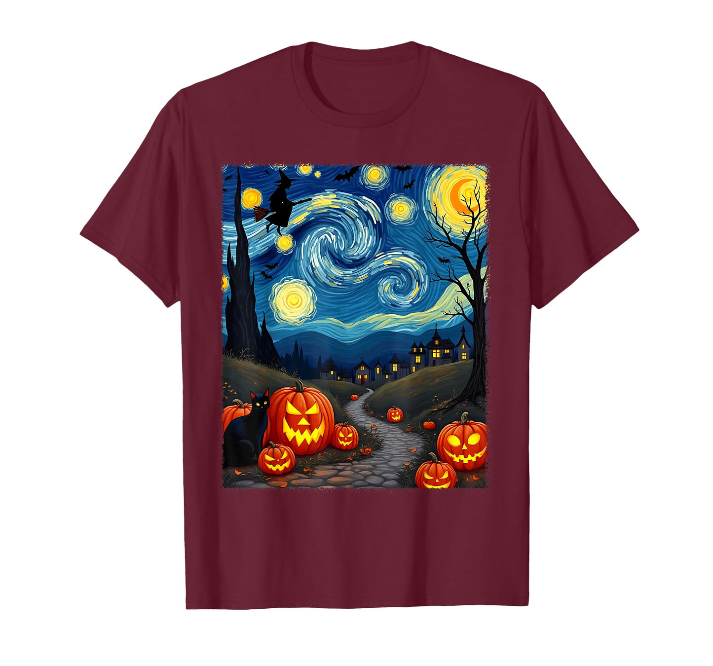 Black Cat Van Gogh Halloween Witchy Night Sky Party Costume T-Shirt
