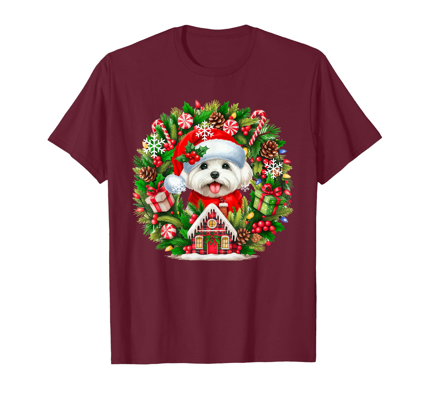 Santa Maltese Christmas Floral Circle Matching Owner Kids T-Shirt