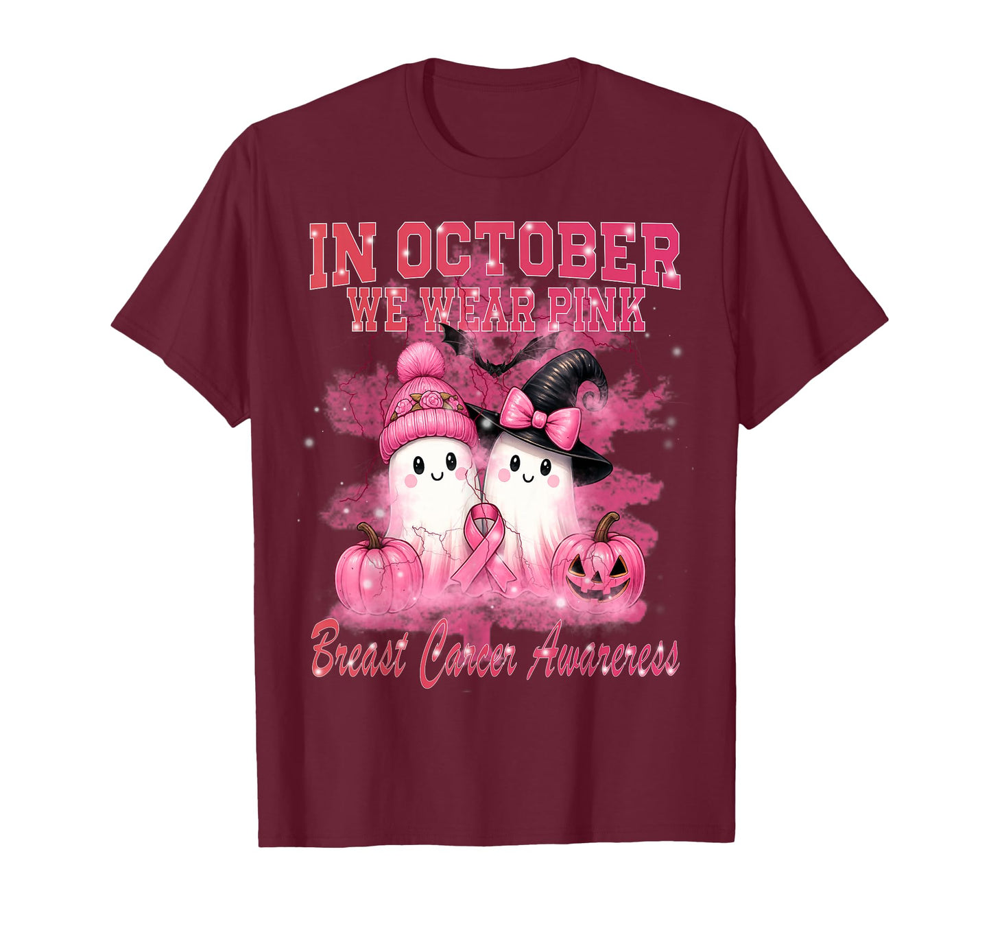 in October We Wear Pink Ghost Witch Breast Cancer Awareness T-Shirt