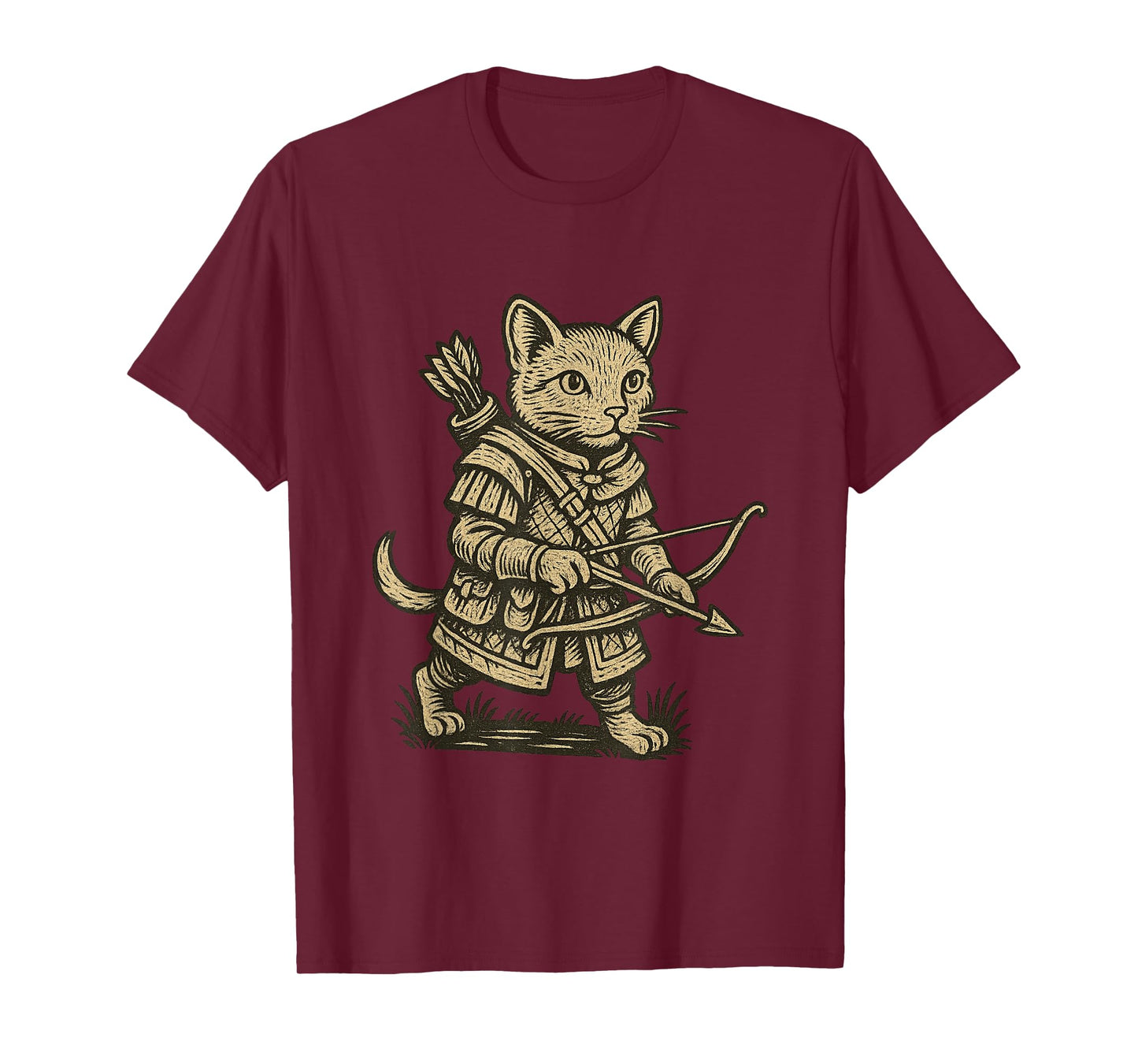 Medieval Warrior Cat Archer Renaissance Woodcut-style T-Shirt