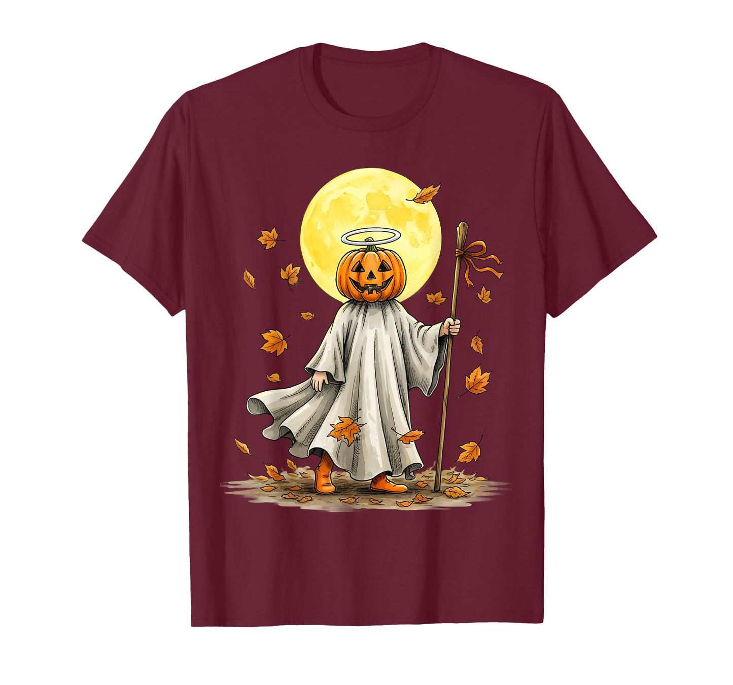 Halloween Pumpkin Head Moon Autumn Leaves Spooky Women T-Shirt