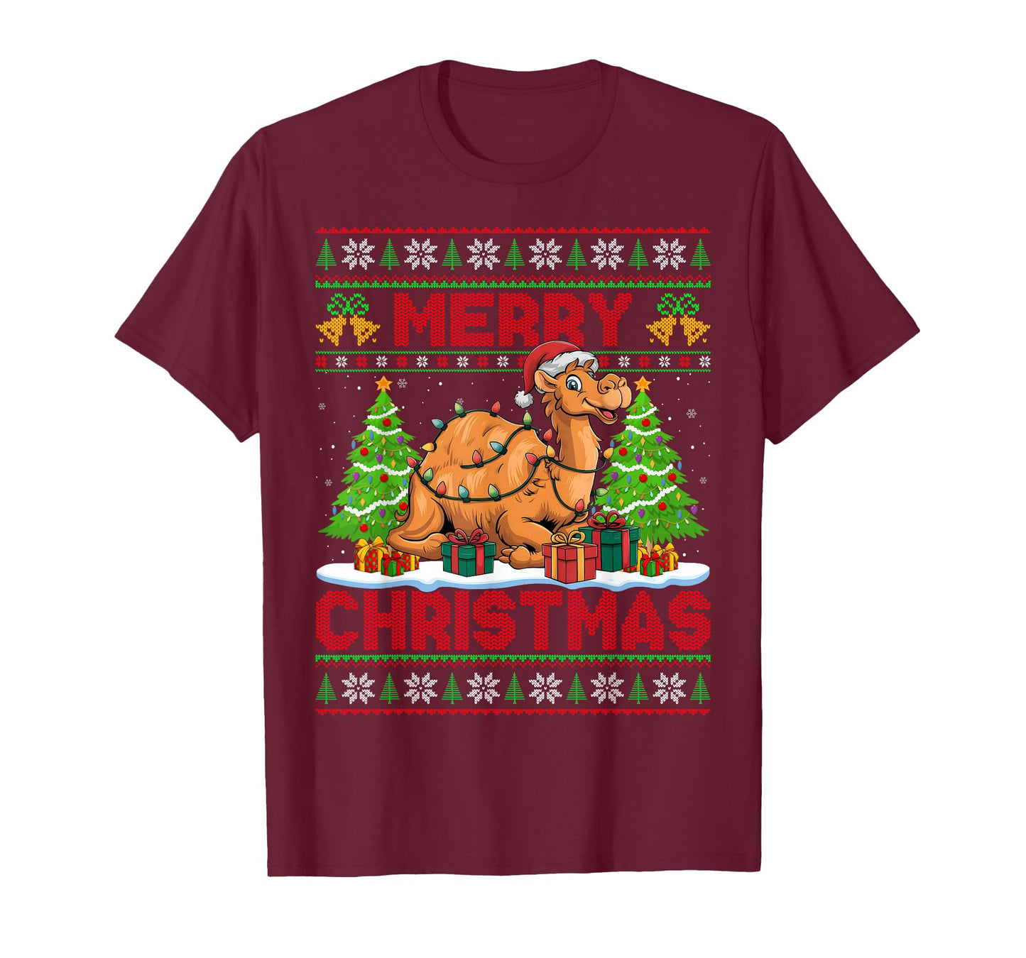 Camel Ugly Christmas Sweaters Funny Santa Hat Lights Xmas T-Shirt
