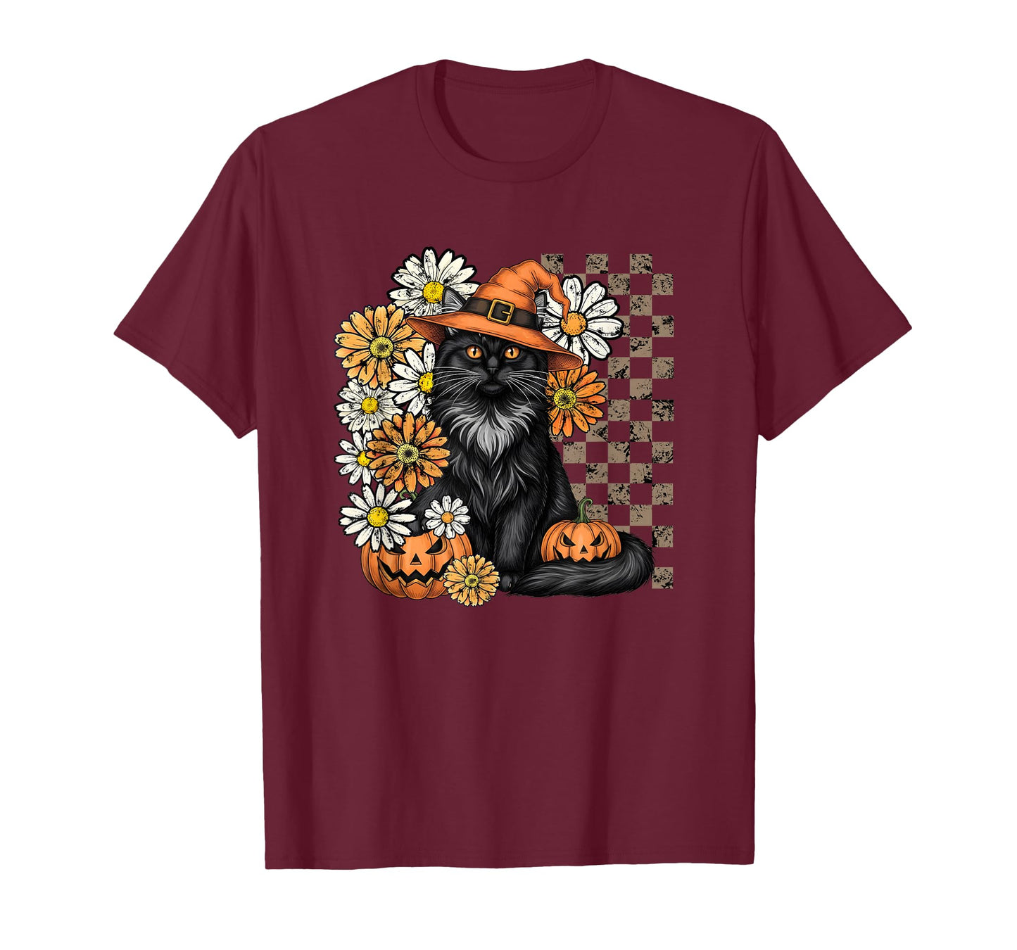 Halloween Black Cat Witch Checkered Print Fall Floral T-Shirt