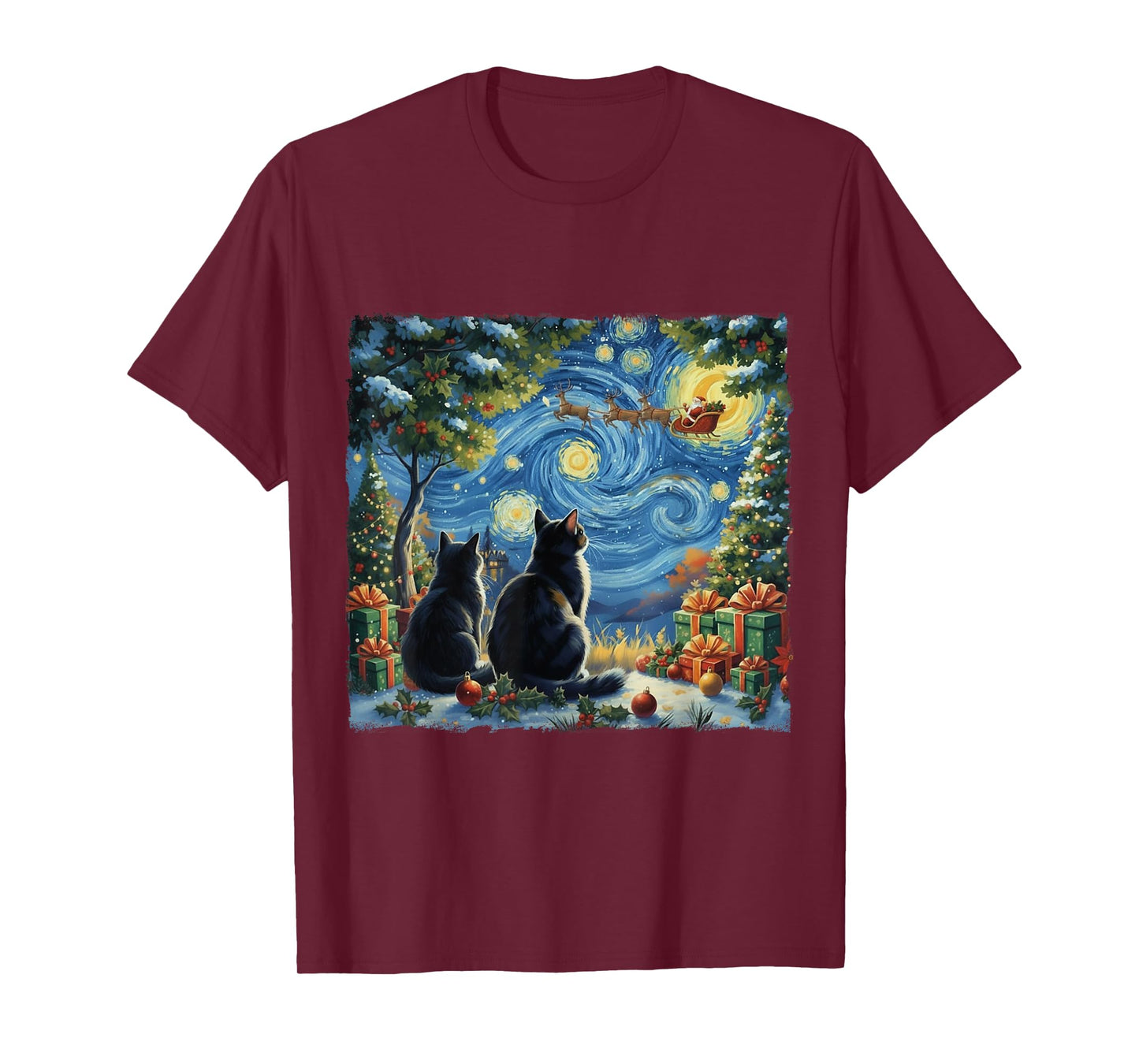 Christmas Cat Starry Night Van Gogh Xmas Holiday Santa Gifts T-Shirt