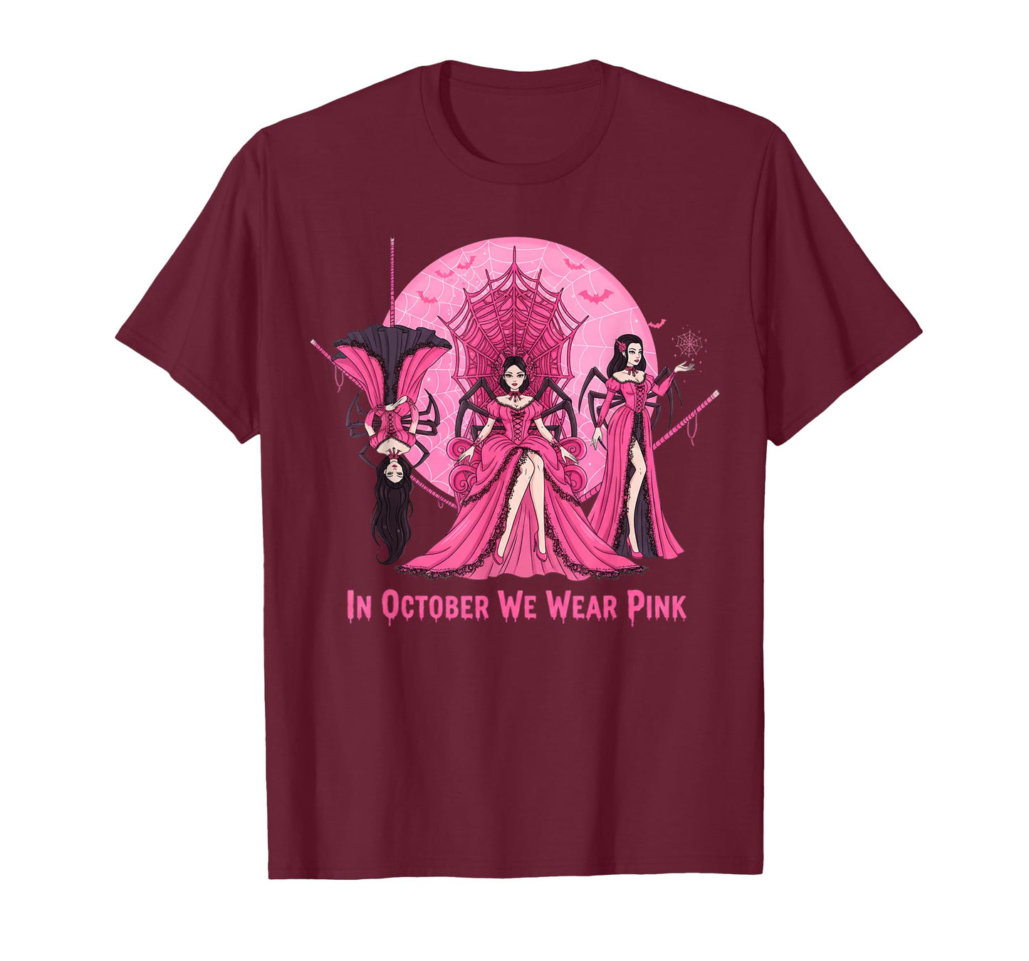 October We Wear Pink Spider Witch Halloween Breast Cancer T-Shirt