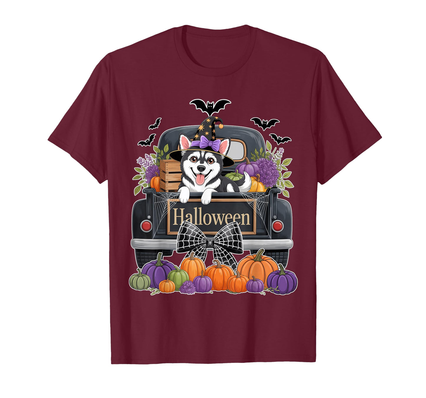 Siberian Husky Witch Hat Truck Pumpkin Dog Lovers Halloween T-Shirt