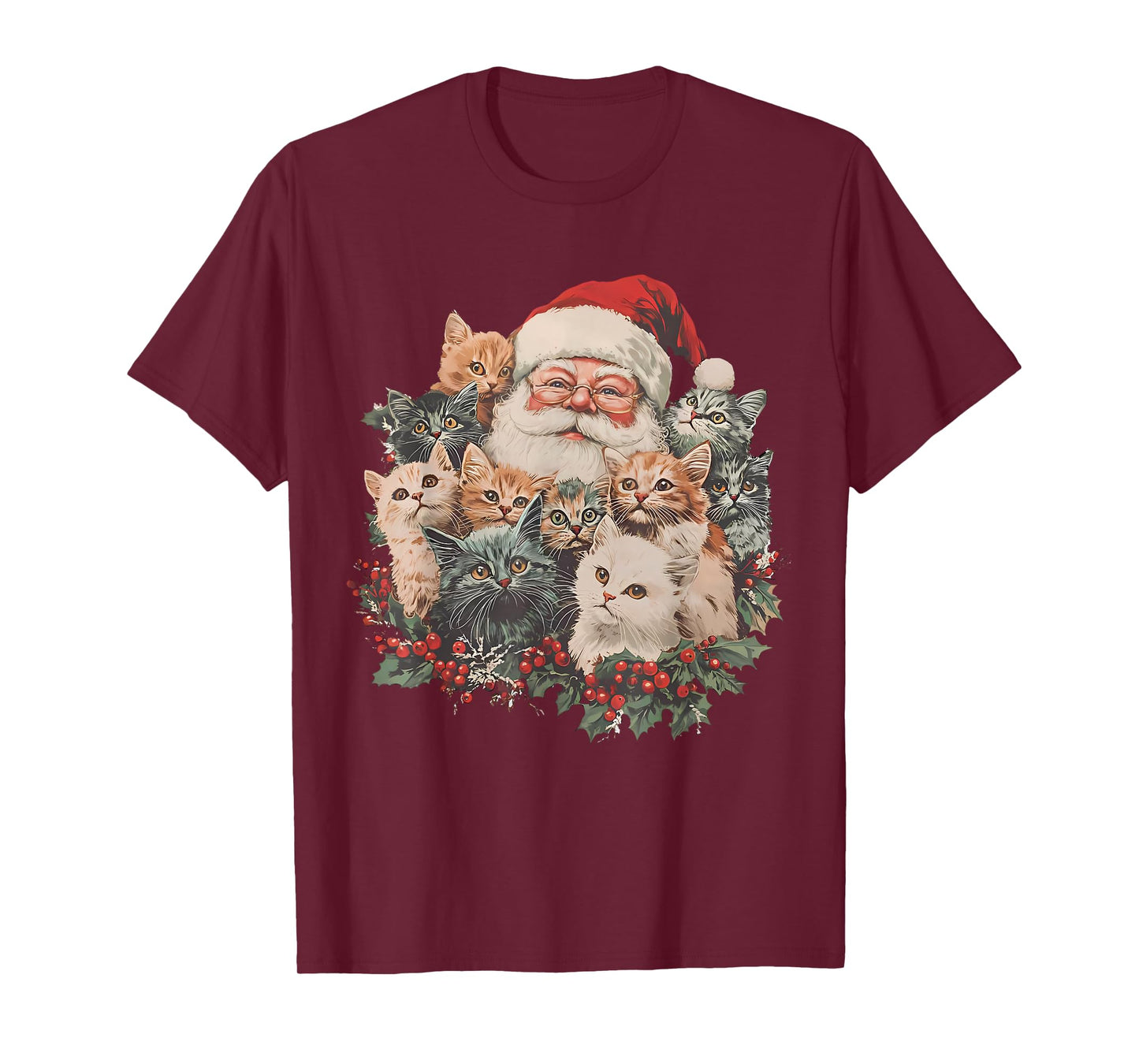 Vintage Funny Santa Claus and Kittens Cats Christmas Wreath T-Shirt
