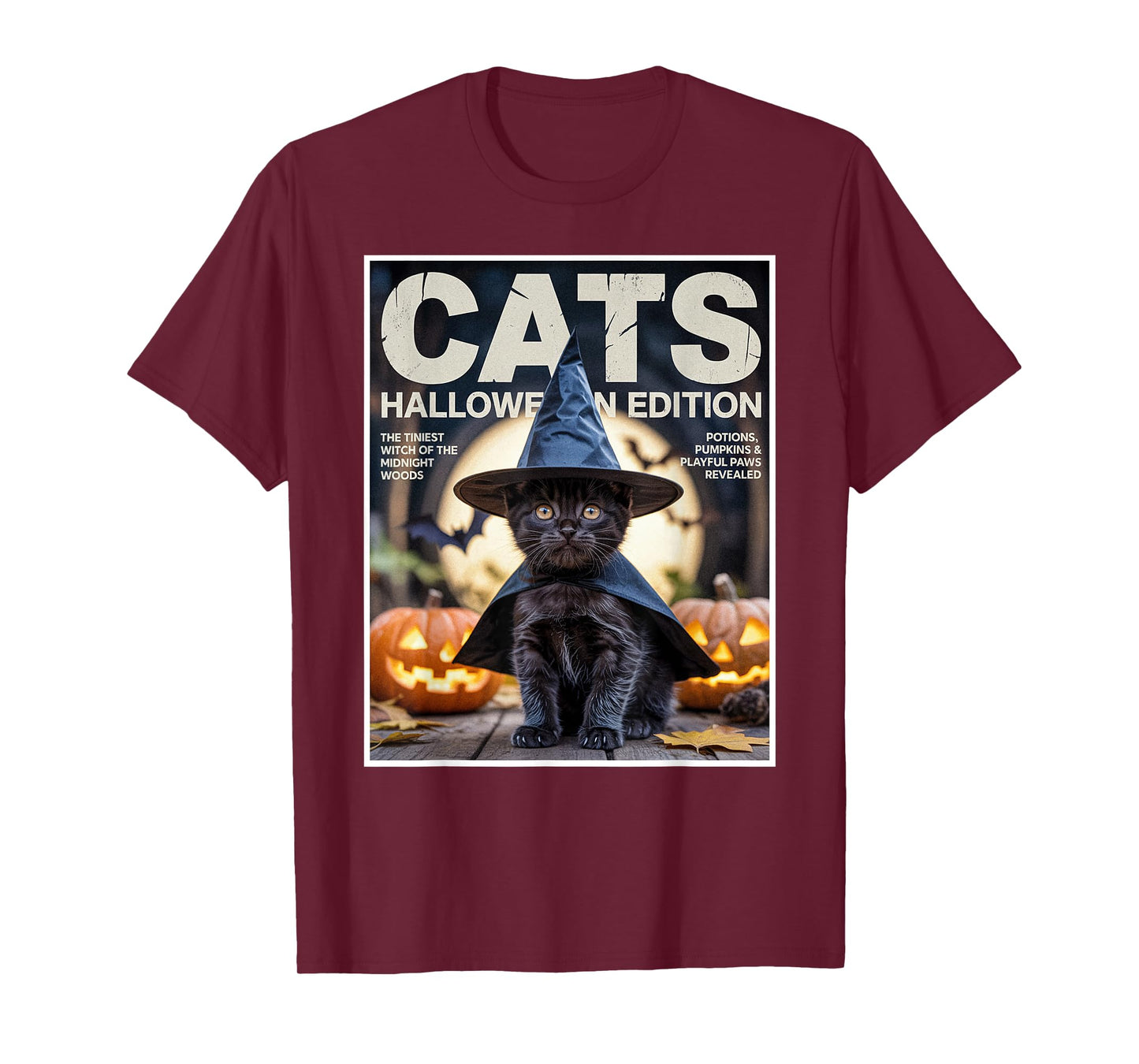 Cute Funny Black Cat in Witch Costume and Pumpkins Halloween T-Shirt