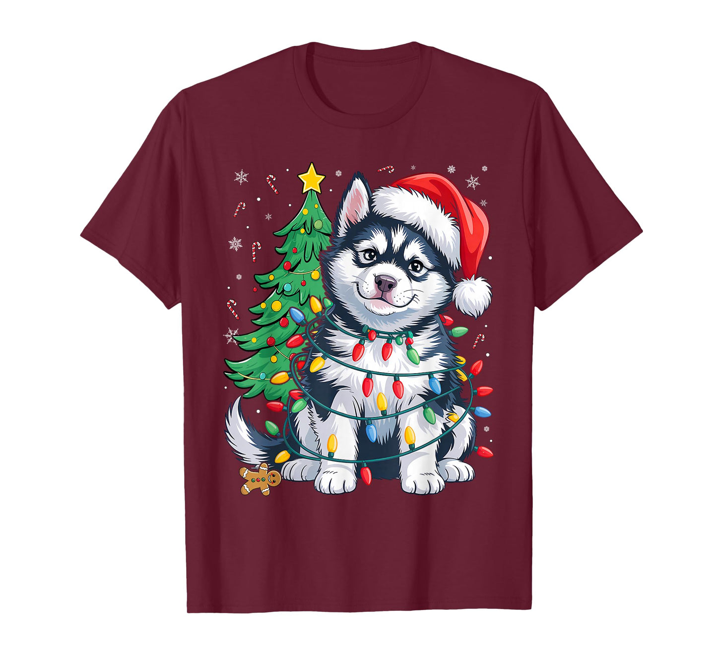 Siberian Husky Santa Christmas Tree Lights Xmas Boys Dog T-Shirt