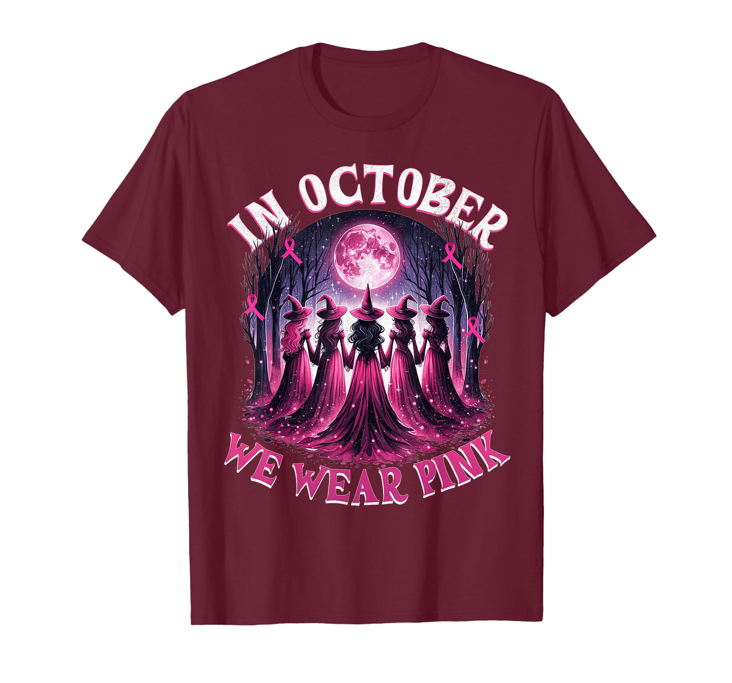 in October We Wear Pink Witch Halloween Breast Cancer Women T-Shirt