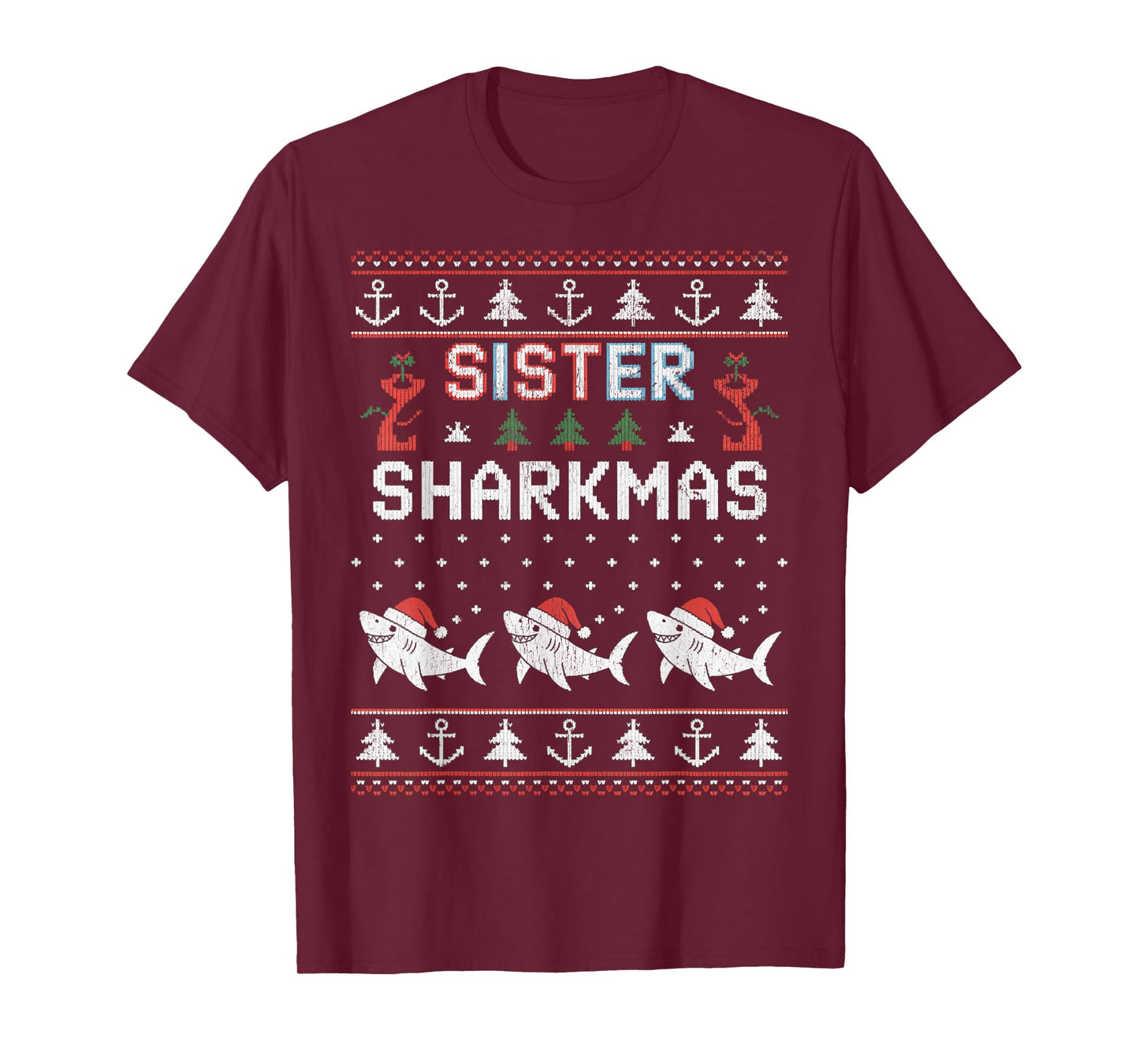 Sister Sharkmas Funny Shark Santa Hat Ugly Christmas Sweater T-Shirt