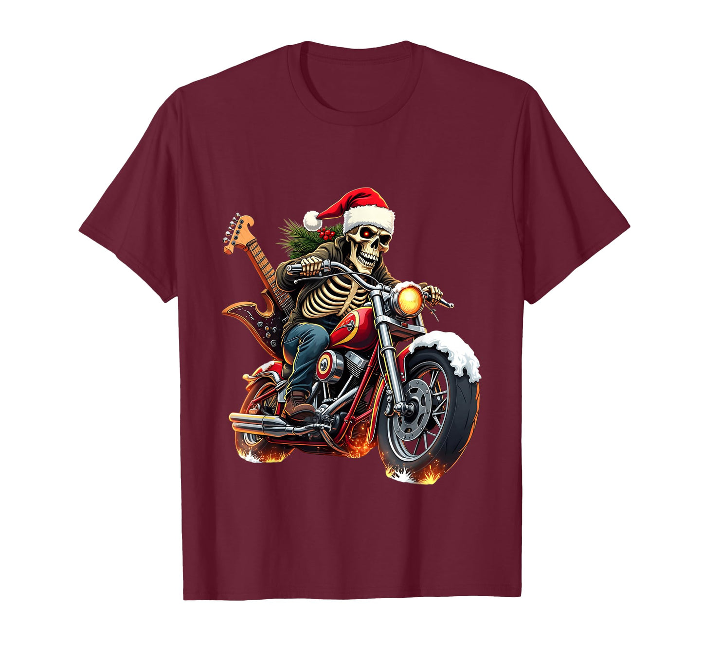 Christmas Skeleton Biker Rock Music Flame Santa Hat Guitar T-Shirt
