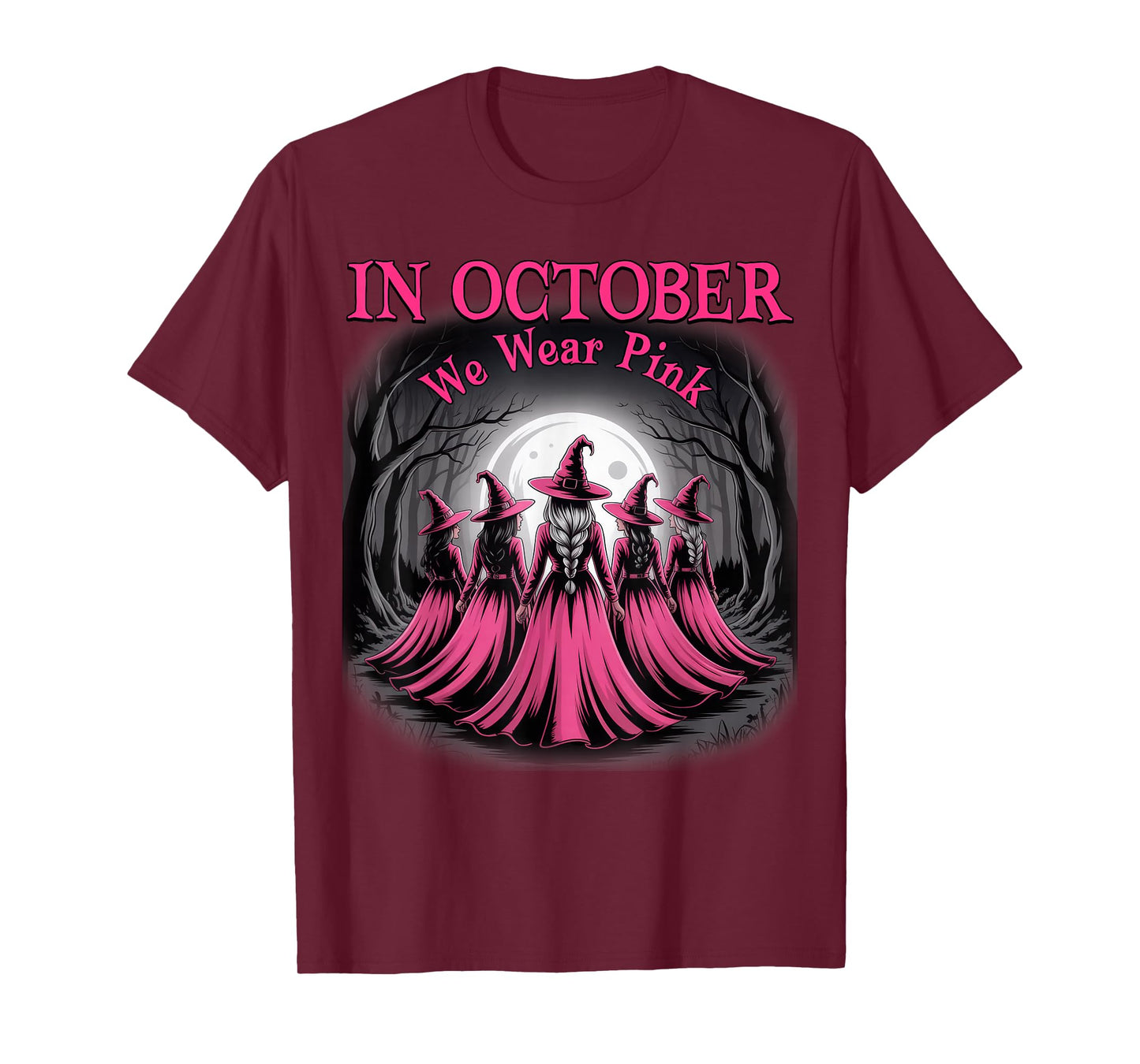 in October We Wear Pink Witch Halloween Breast Cancer Women T-Shirt