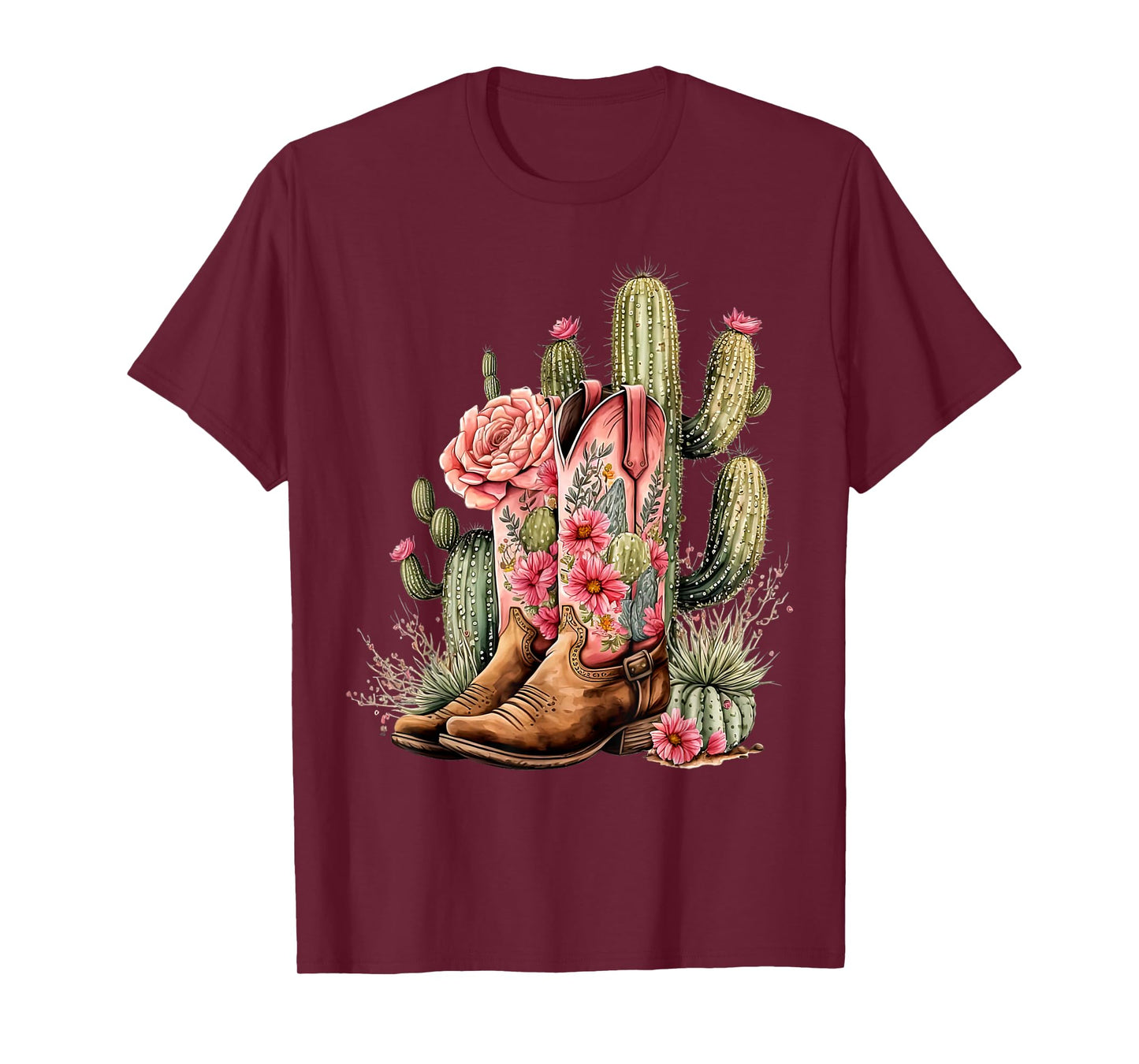 Retro Cowgirl Boots Floral Cactus Western Flower Teen Girls T-Shirt