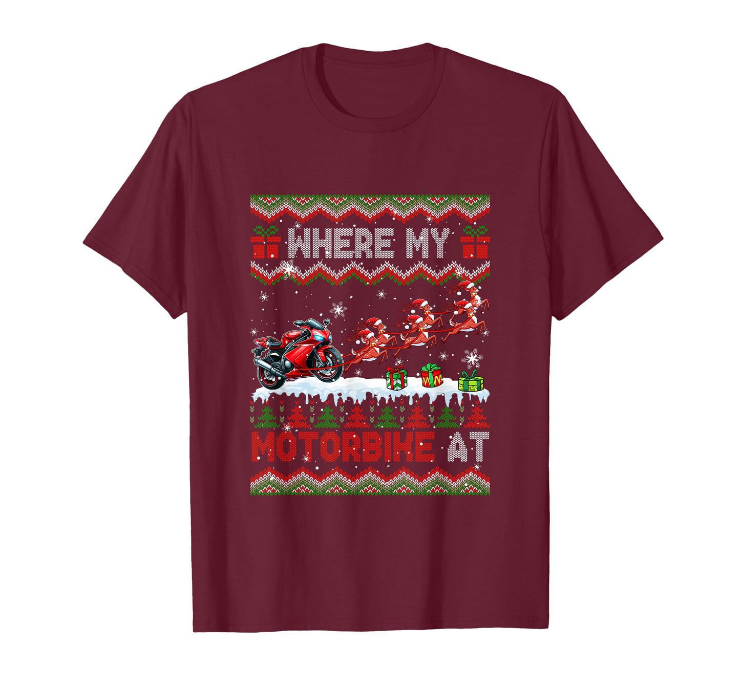 Where My Motorbike at Christmas Sweater Sleigh Reindeer T-Shirt