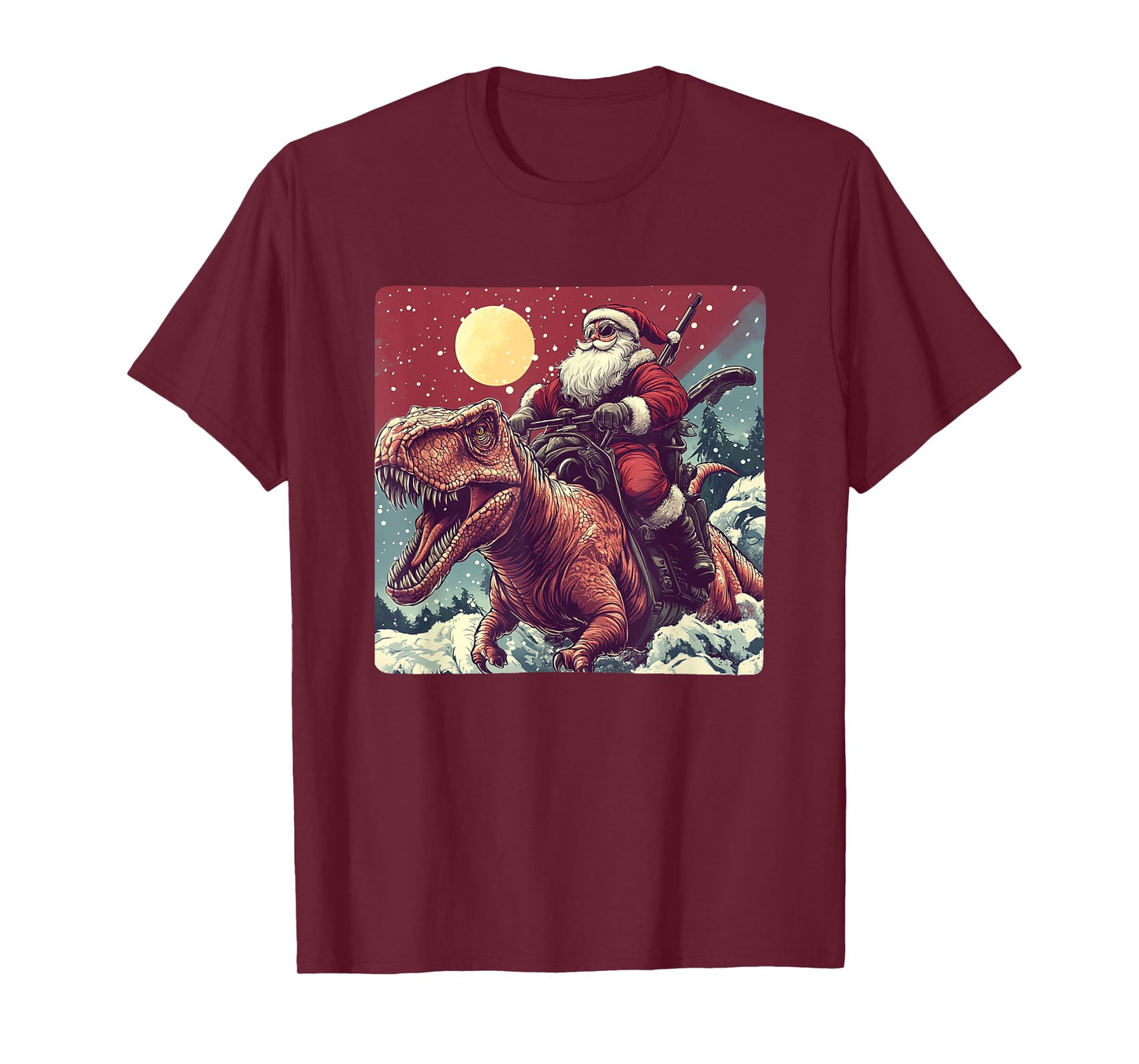 Funny Santa Claus Riding a Dinosaur for Christmas Cheer T-Shirt