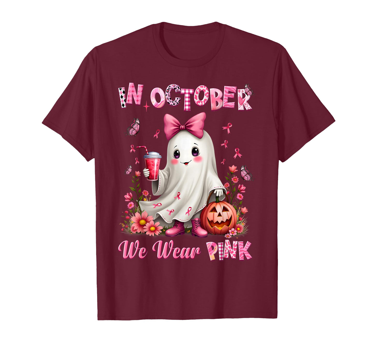 In October We Wear Pink Ghost Breast Cancer Awareness T-Shirt