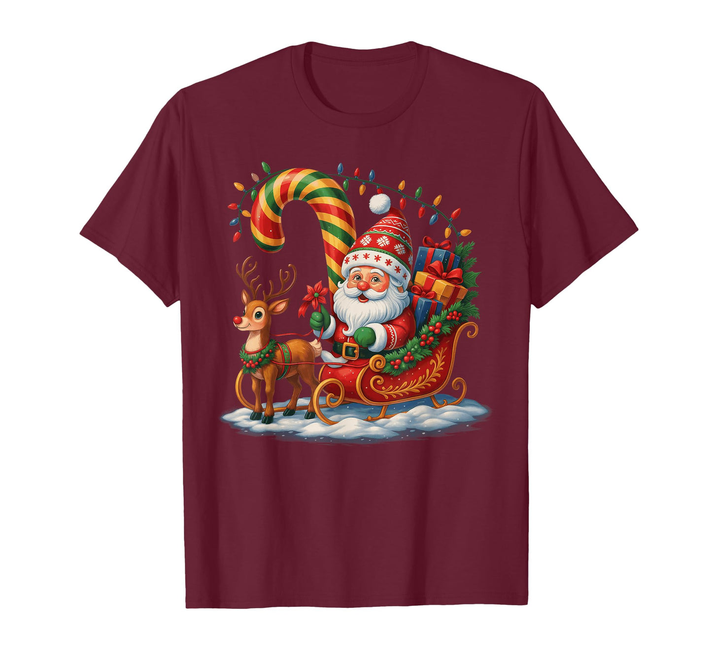 Santa Claus Riding Reindeer Christmas Lights Xmas Men Women T-Shirt