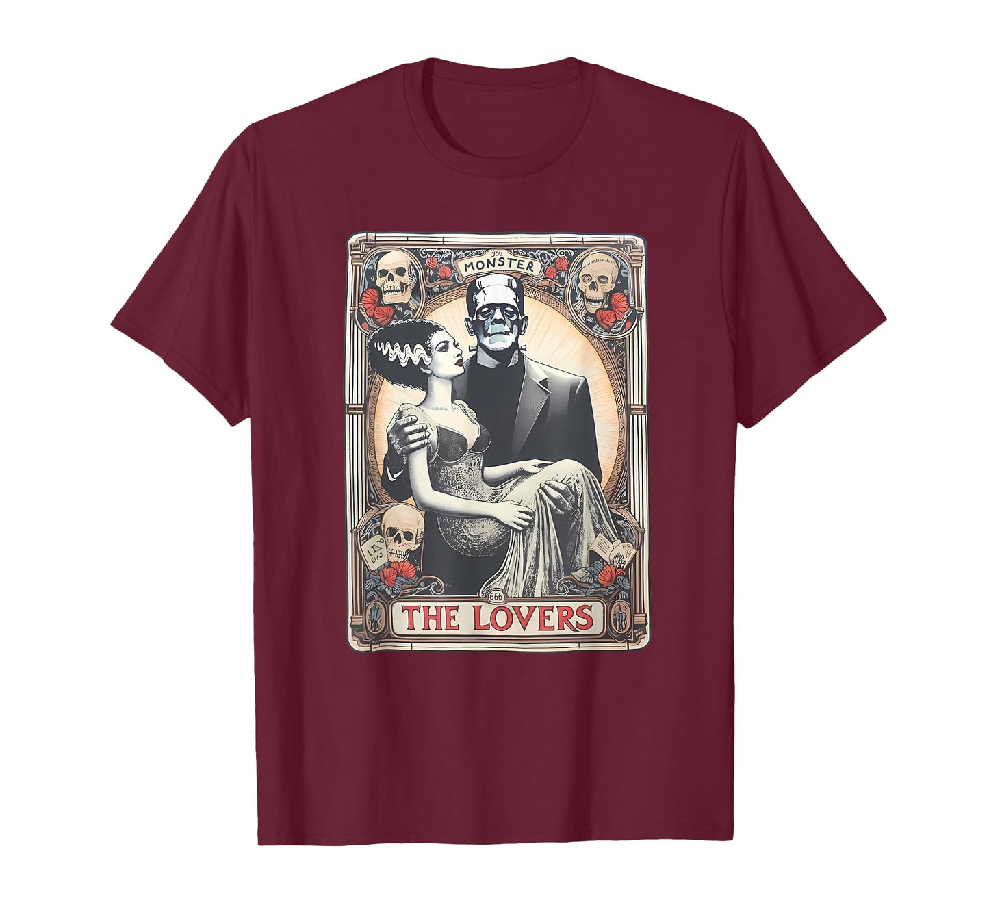 Retro Halloween Frankenstein Tarot Card T-Shirt - Unisex Adults - Black - Small - Short Sleeve - Regular Fit - Cotton 100%, Polyester Blend - Halloween, Retro, Couples, Tarot Card Fans, Unisex