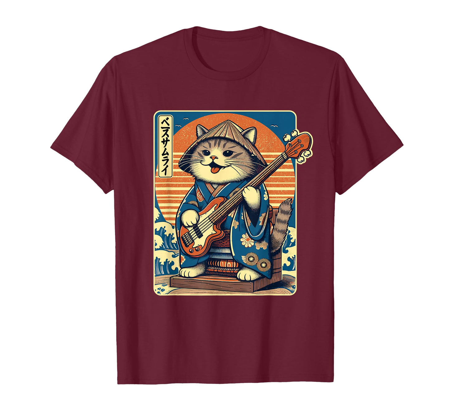 Japanese Samurai Cat Playing The Bass T-Shirt