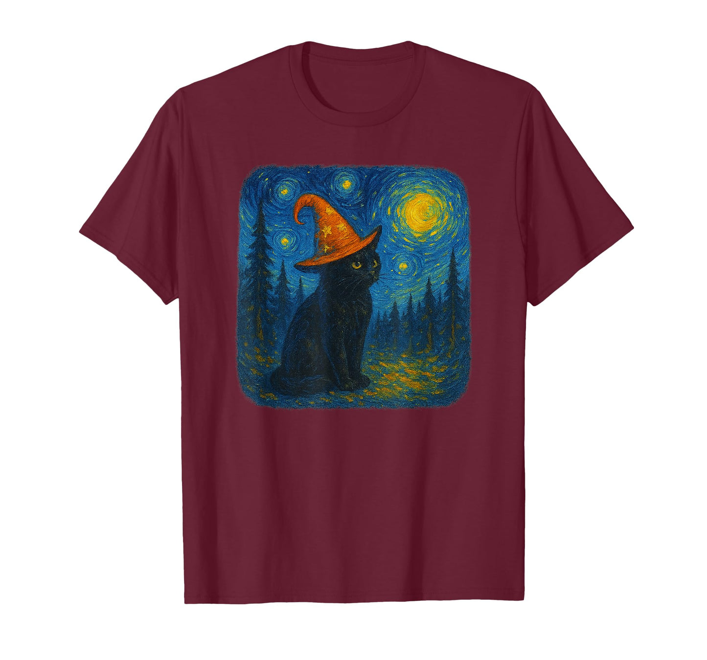 Funny Black Cat Witch Hat Starry Night Halloween Parody Art T-Shirt