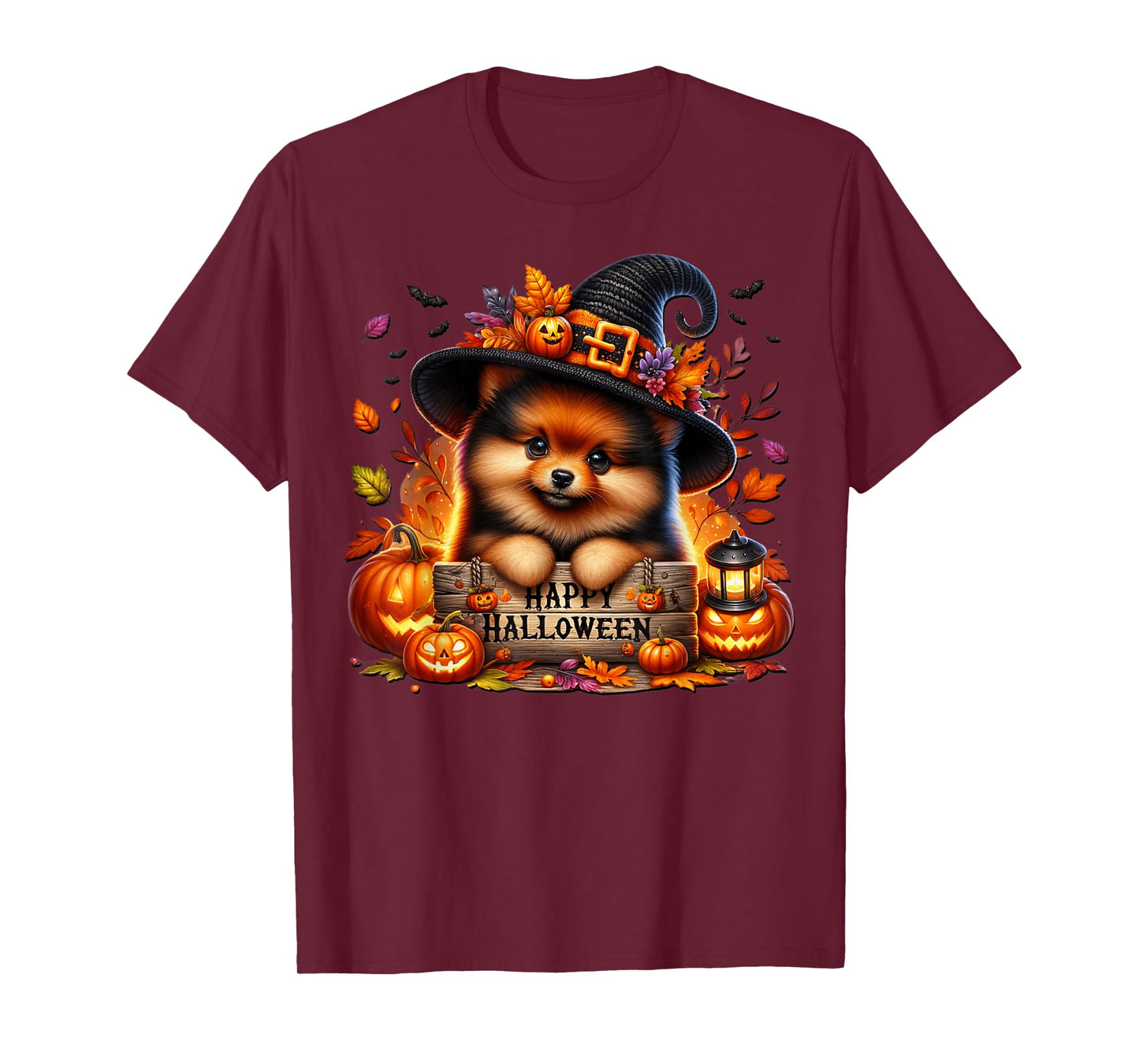 Witchy Pomeranian Puppy in Black Witch Hat Happy Halloween T-Shirt