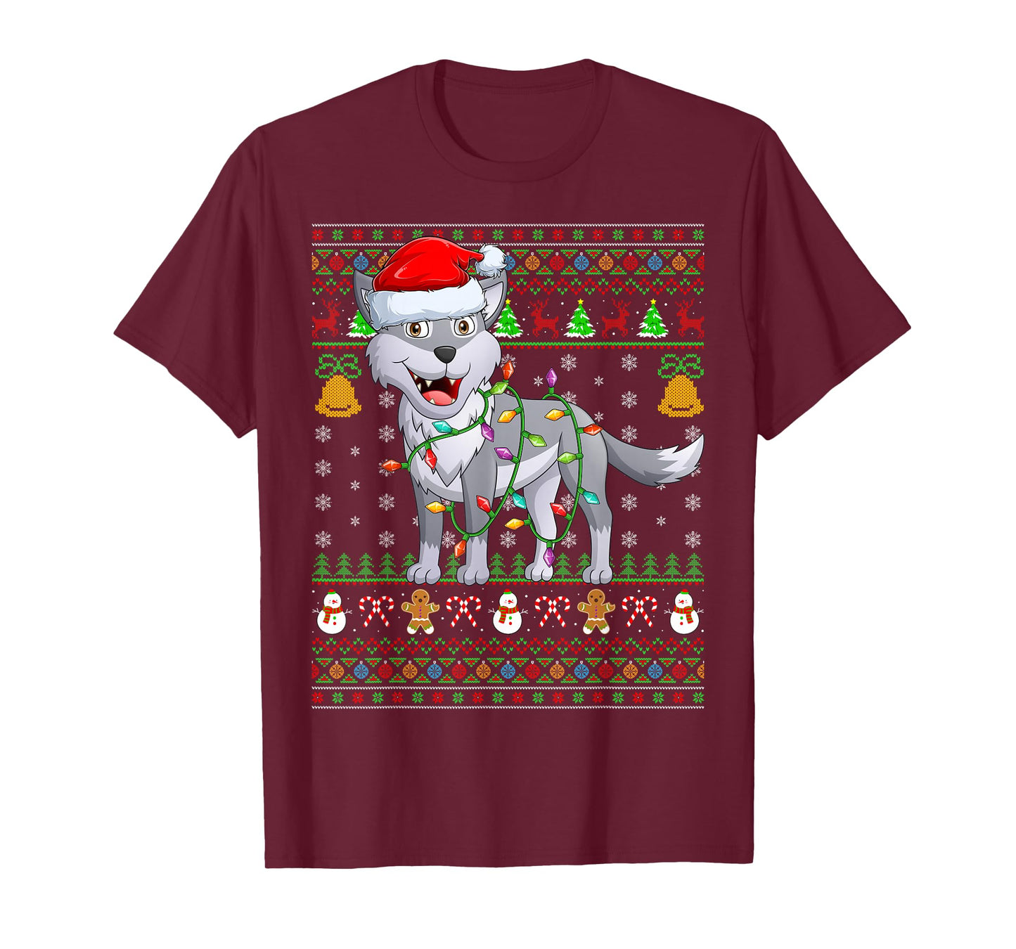 Wolf Christmas Lights Funny Santa Ugly Sweaters Cute Xmas T-Shirt