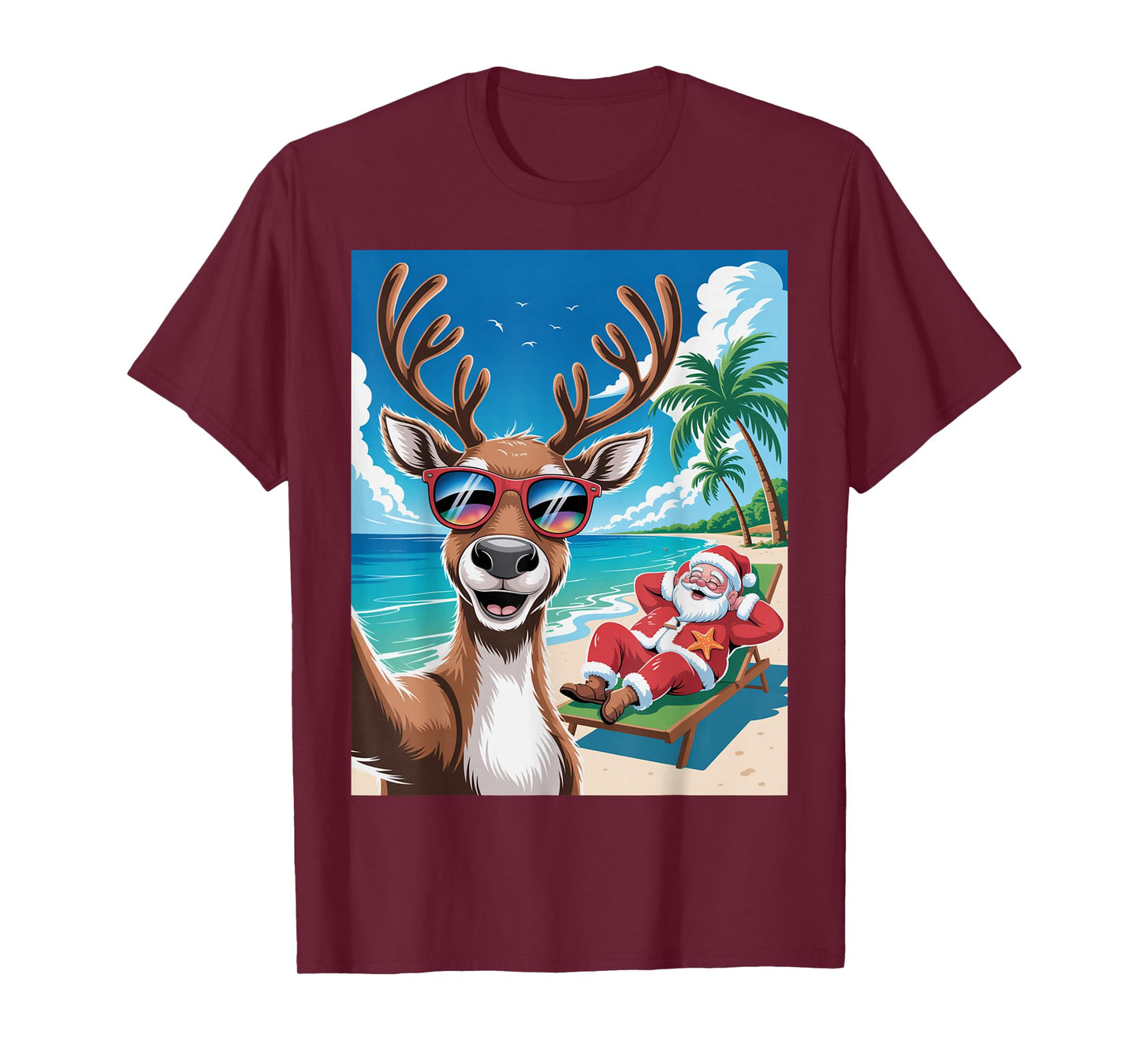 Funny Reindeer Selfie Christmas Beach Santa Vibe T-Shirt