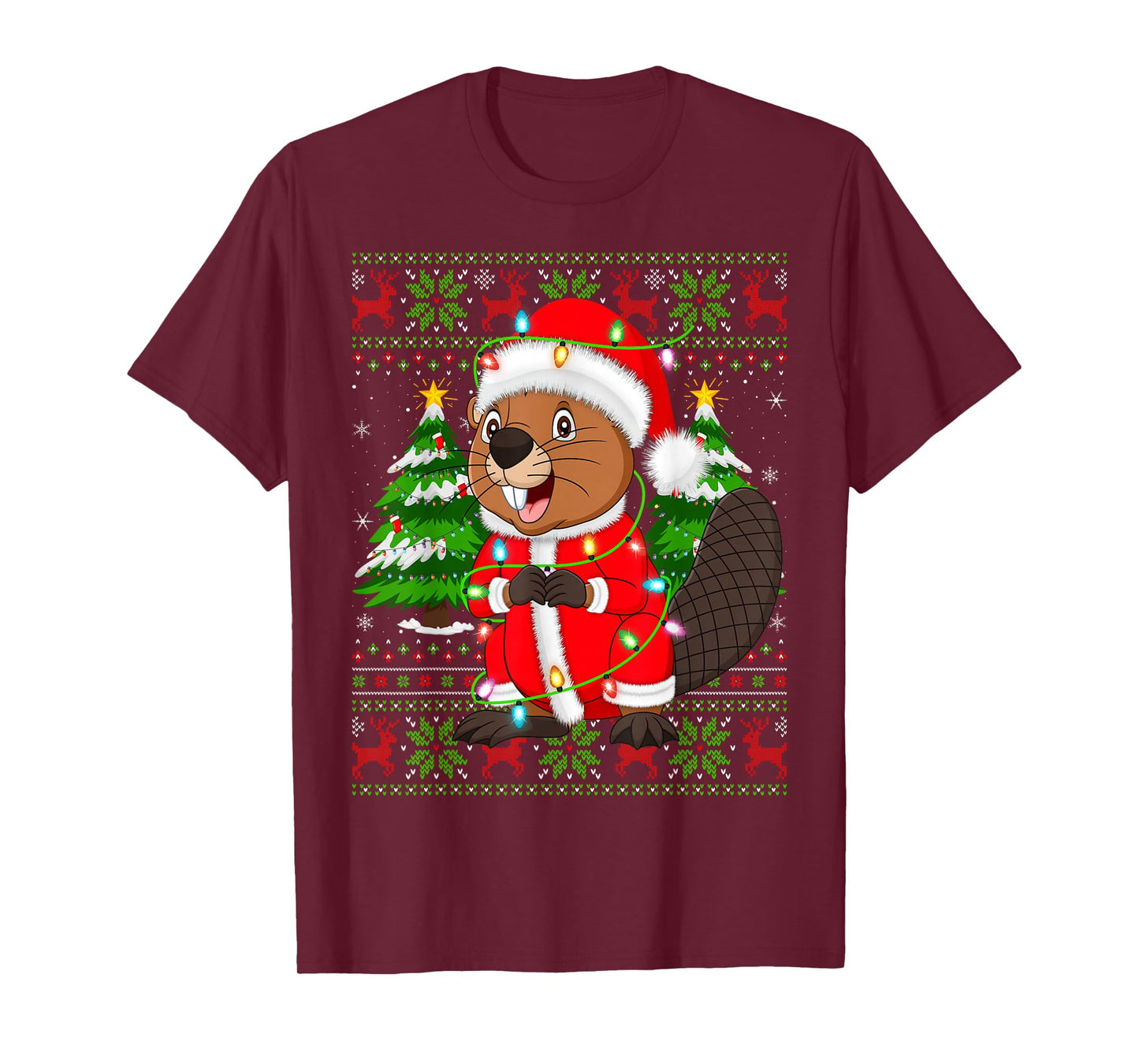 Beaver Christmas Lights Santa Costume Ugly Xmas Sweaters T-Shirt