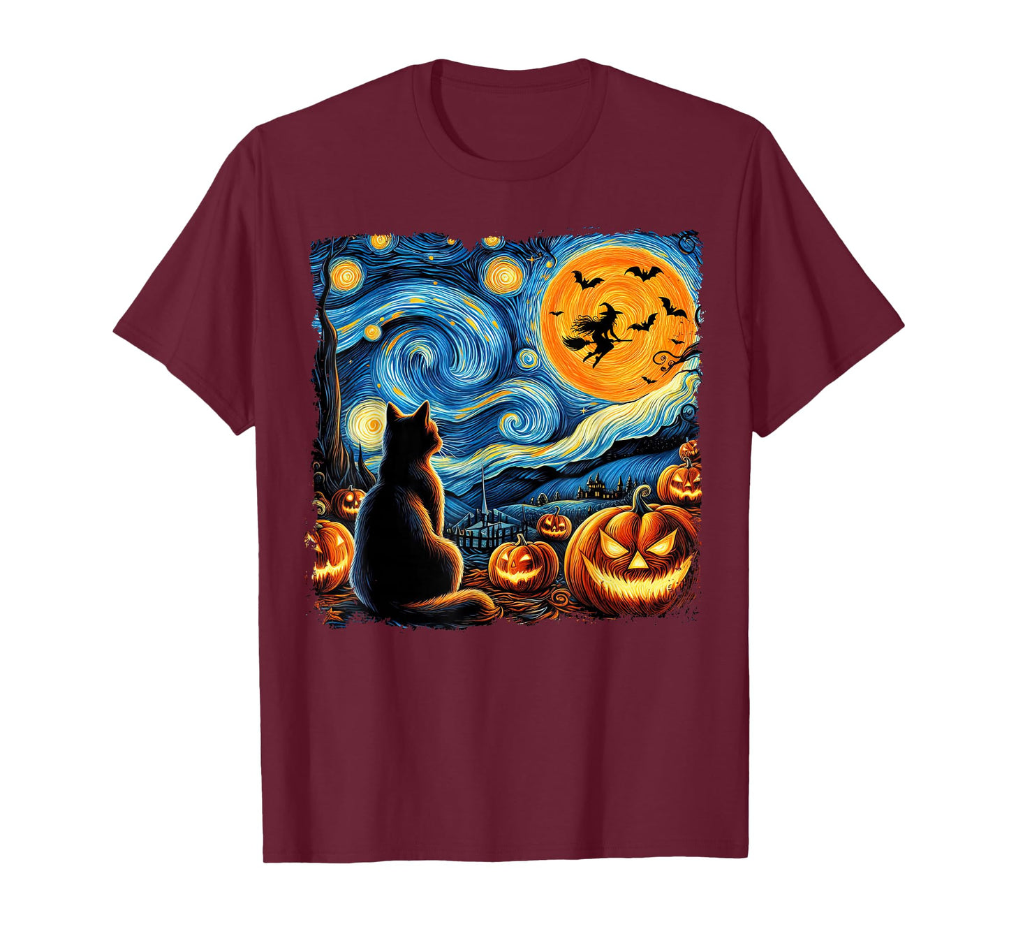 Halloween Shirt Men Women Black Cat Pumpkins Bats Witch Moon T-Shirt
