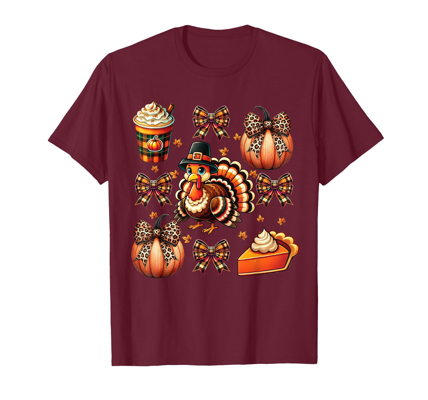 Turkey Drinking Coffee Bow Thanksgiving Womens Turkey Day T-Shirt
