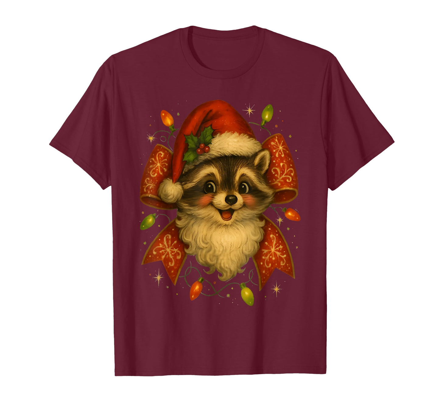 Funny Santa Raccoon in Santa Hat Holiday Cute Bow tee Lovers T-Shirt