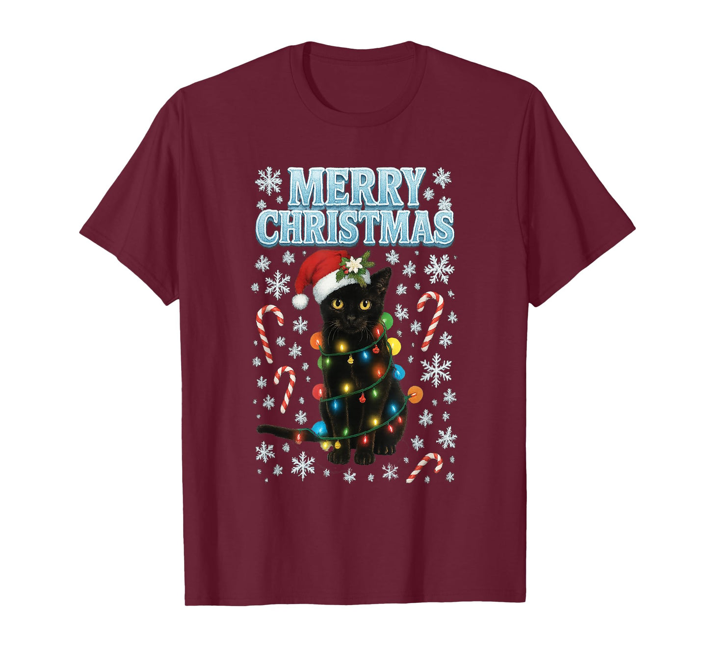 Merry Christmas Black Cat Wrapped in Lights Funny Holiday T-Shirt