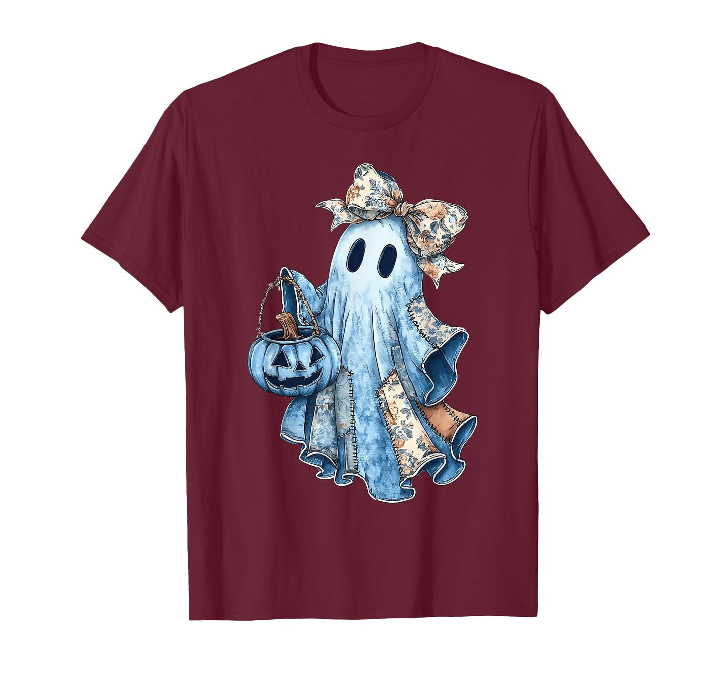 Retro Halloween Blue Denim Ghost Floral Patchwork Haloween T-Shirt
