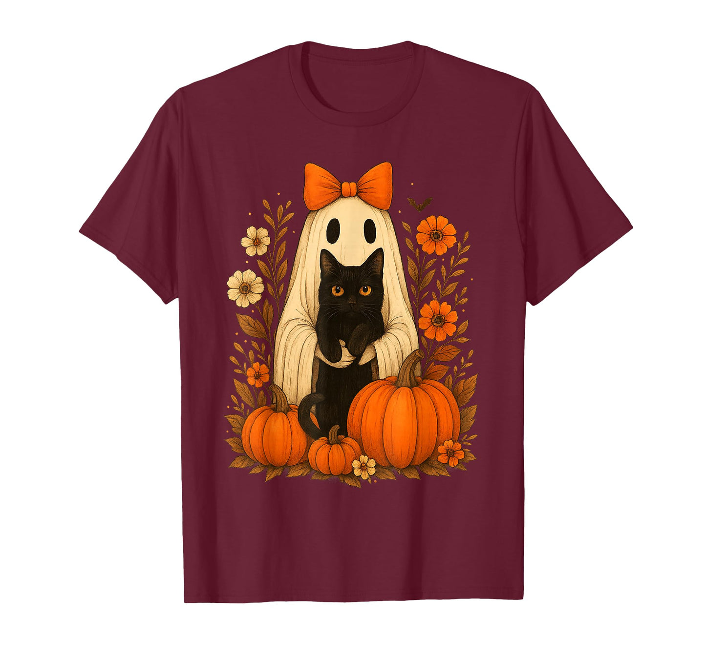 Vintage Halloween Ghost Holding Black Cat Groovy Floral T-Shirt