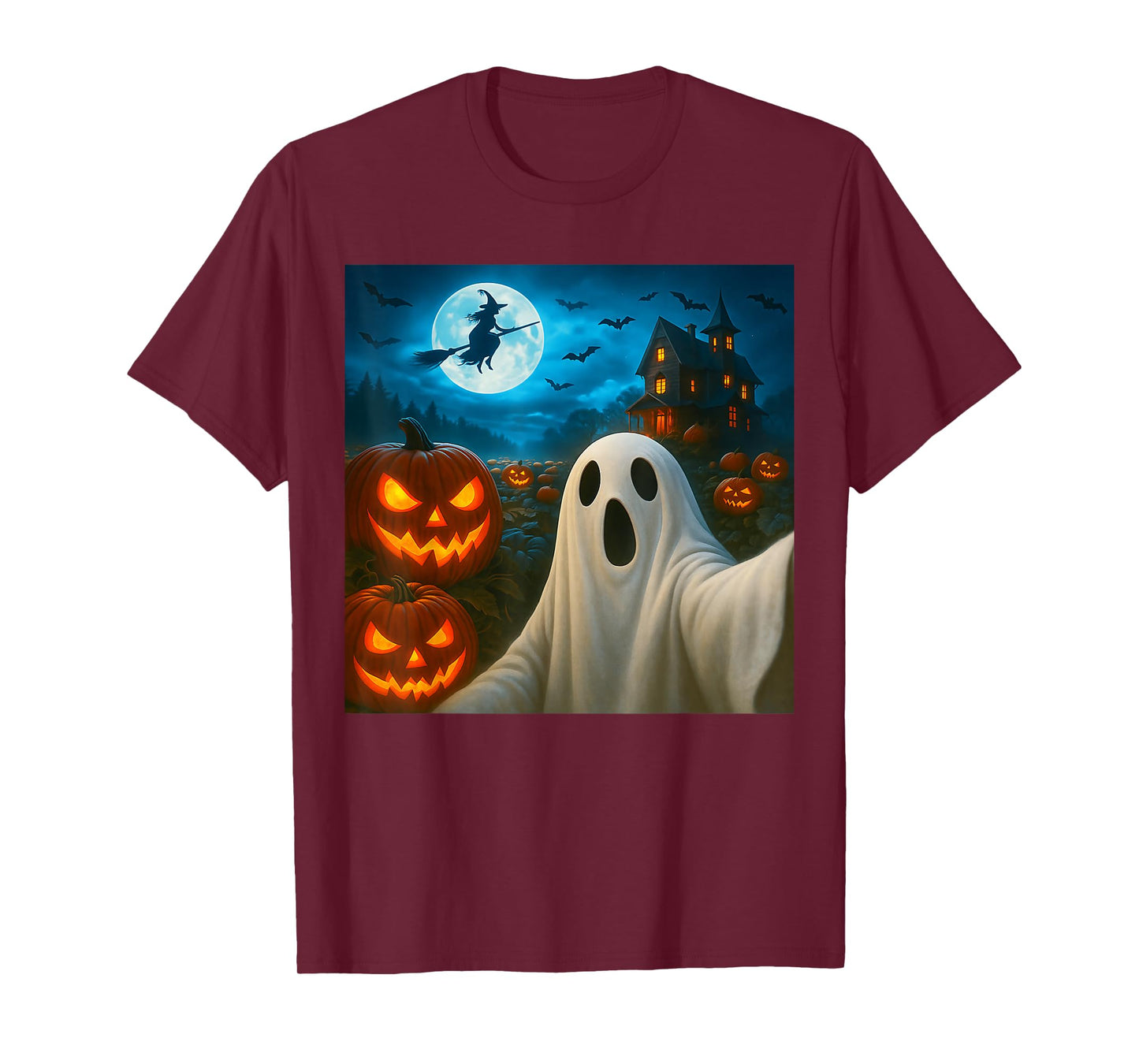 Funny Halloween Ghost Selfie with Spooky Pumpkins Men Women T-Shirt