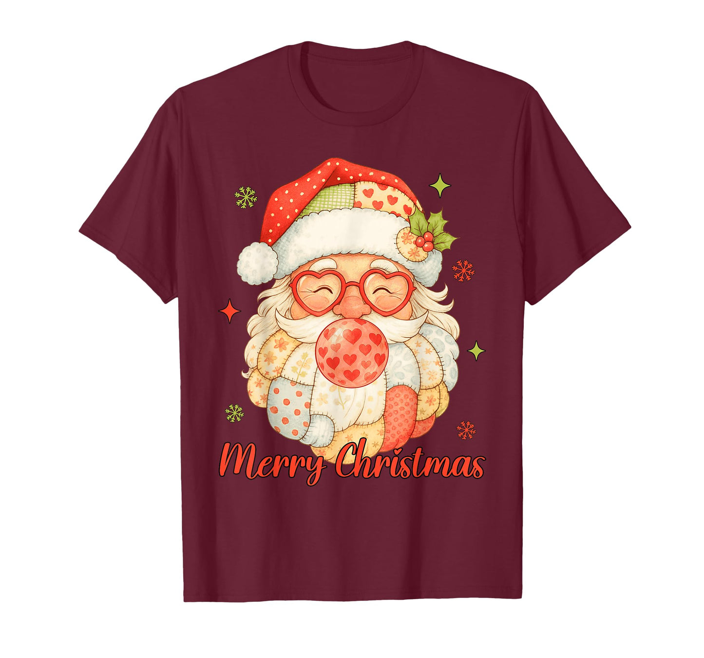 Merry Christmas Patchwork Santa Claus Face Vintage Xmas T-Shirt