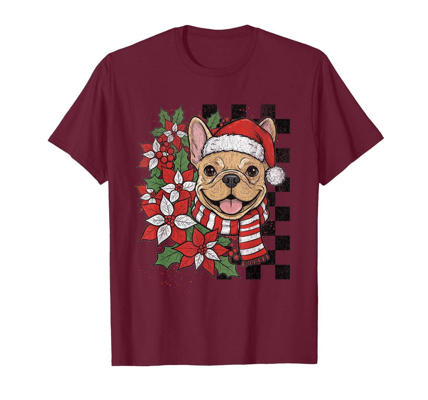 French Bulldog Christmas Frenchie Santa Checkerboard T-Shirt