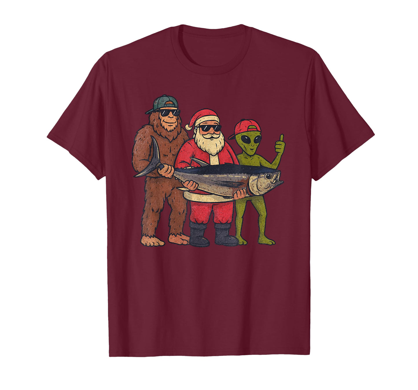 Santa Sasquatch Fishing Christmas Vintage Fish Funny Xmas T-Shirt