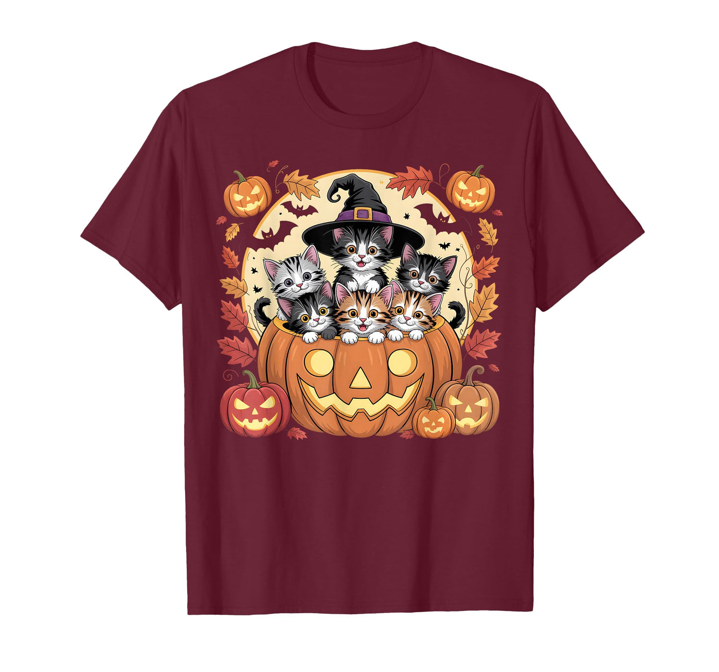 Cute Halloween Kittens in Pumpkin with Witch Hat and Bats T-Shirt