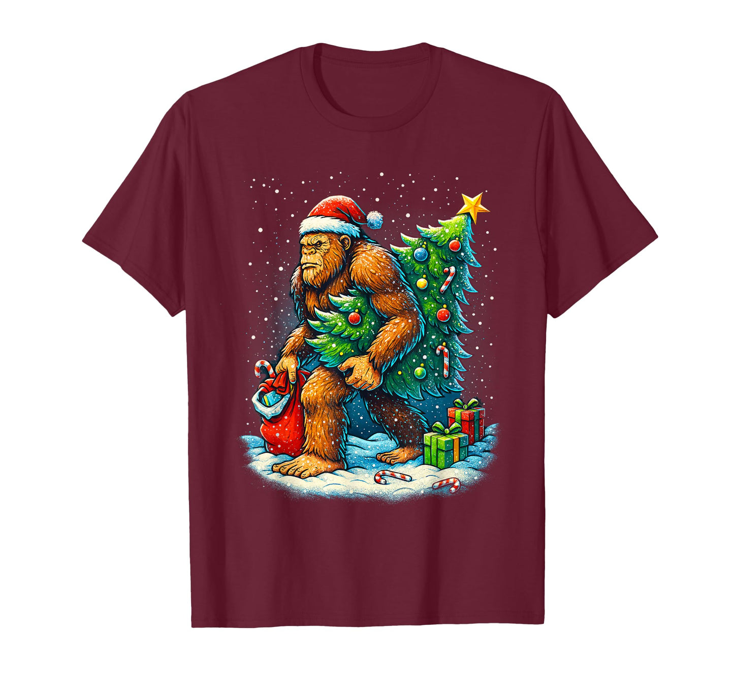 Santa Bigfoot Christmas Tree Sasquatch Xmas Lights T-Shirt