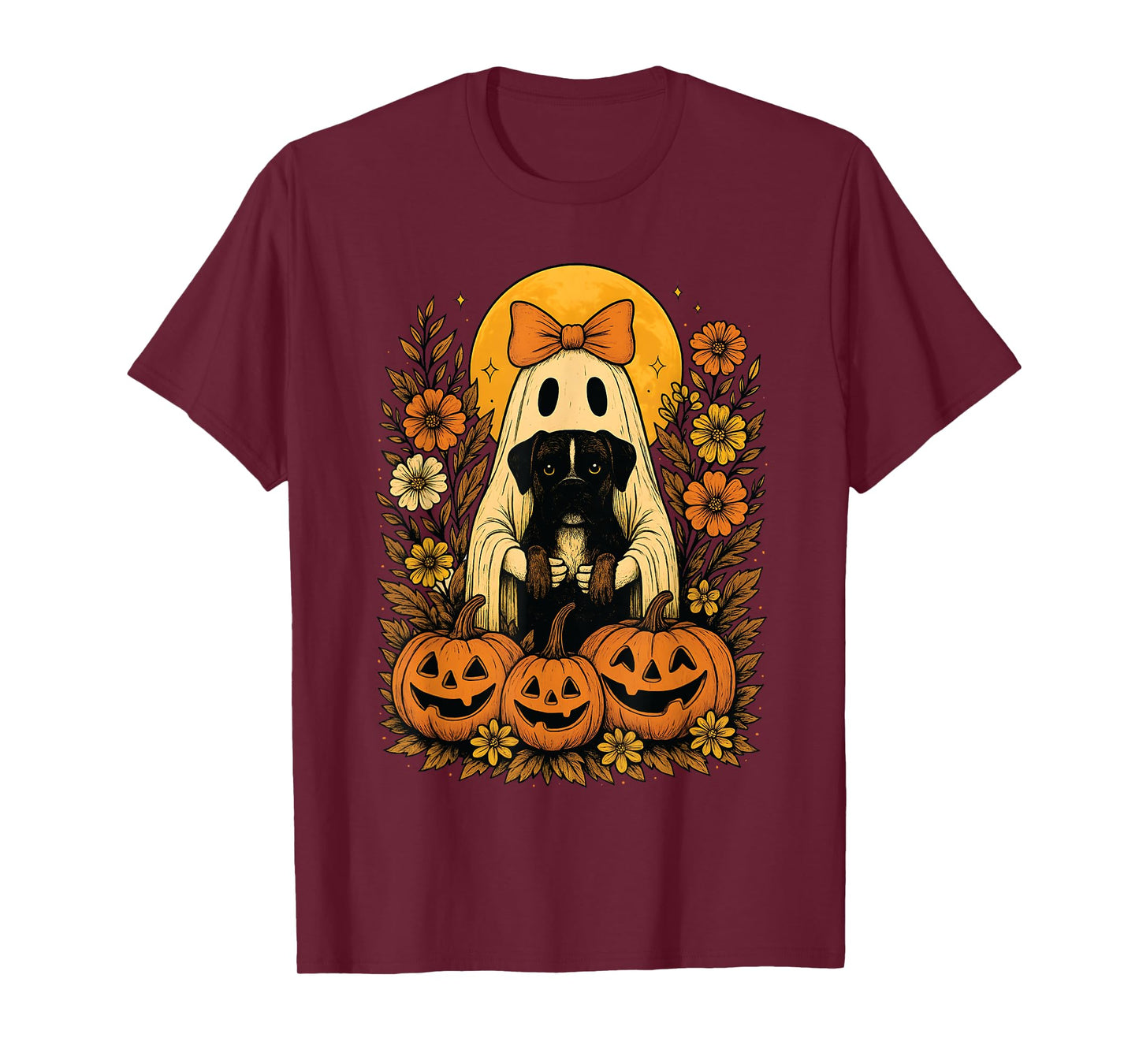 Vintage Halloween Ghost Holding Boxer Dog Groovy Floral T-Shirt