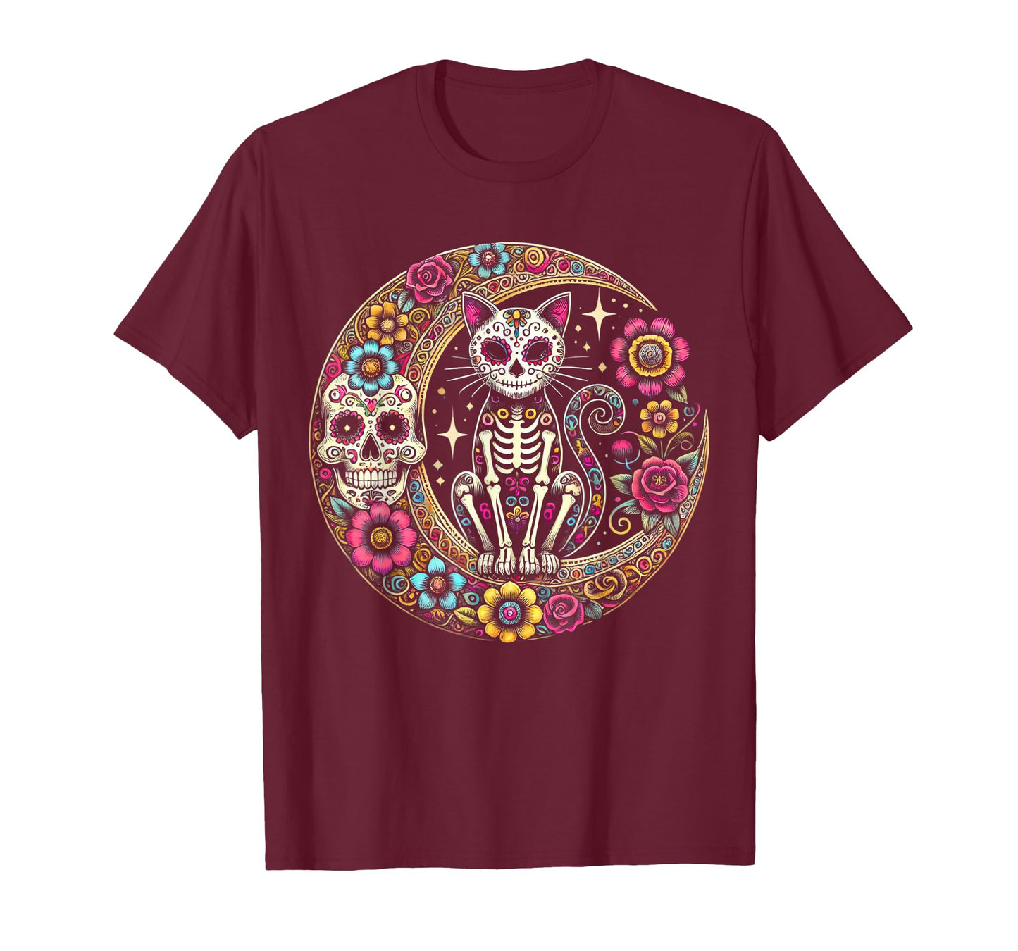 Cat Moon Dia De Los Muertos Day Of The Dead Sugar Skull T-Shirt