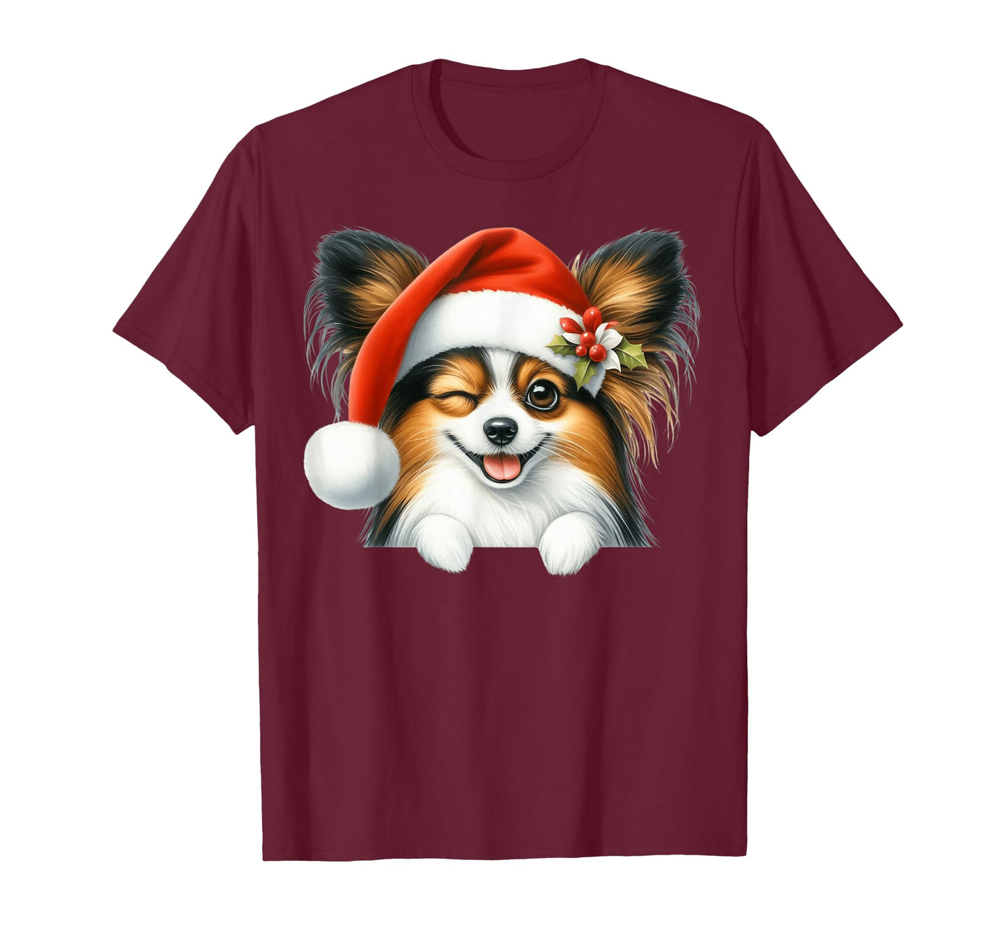 Papillon Dog Christmas Santa Hat Dog Mom Dad T-Shirt