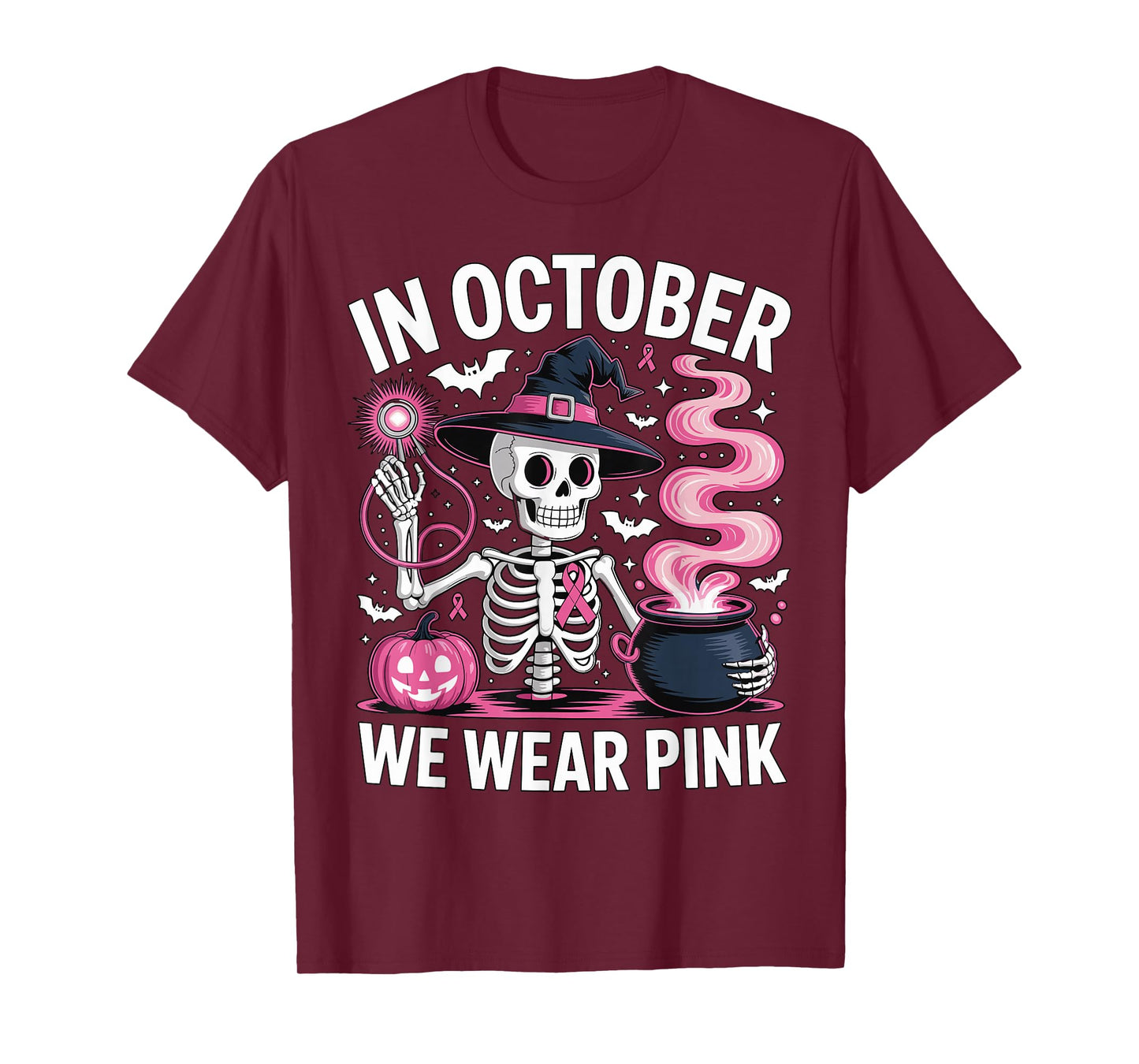 in October We Wear Pink Halloween Skeleton Witch for Women T-Shirt