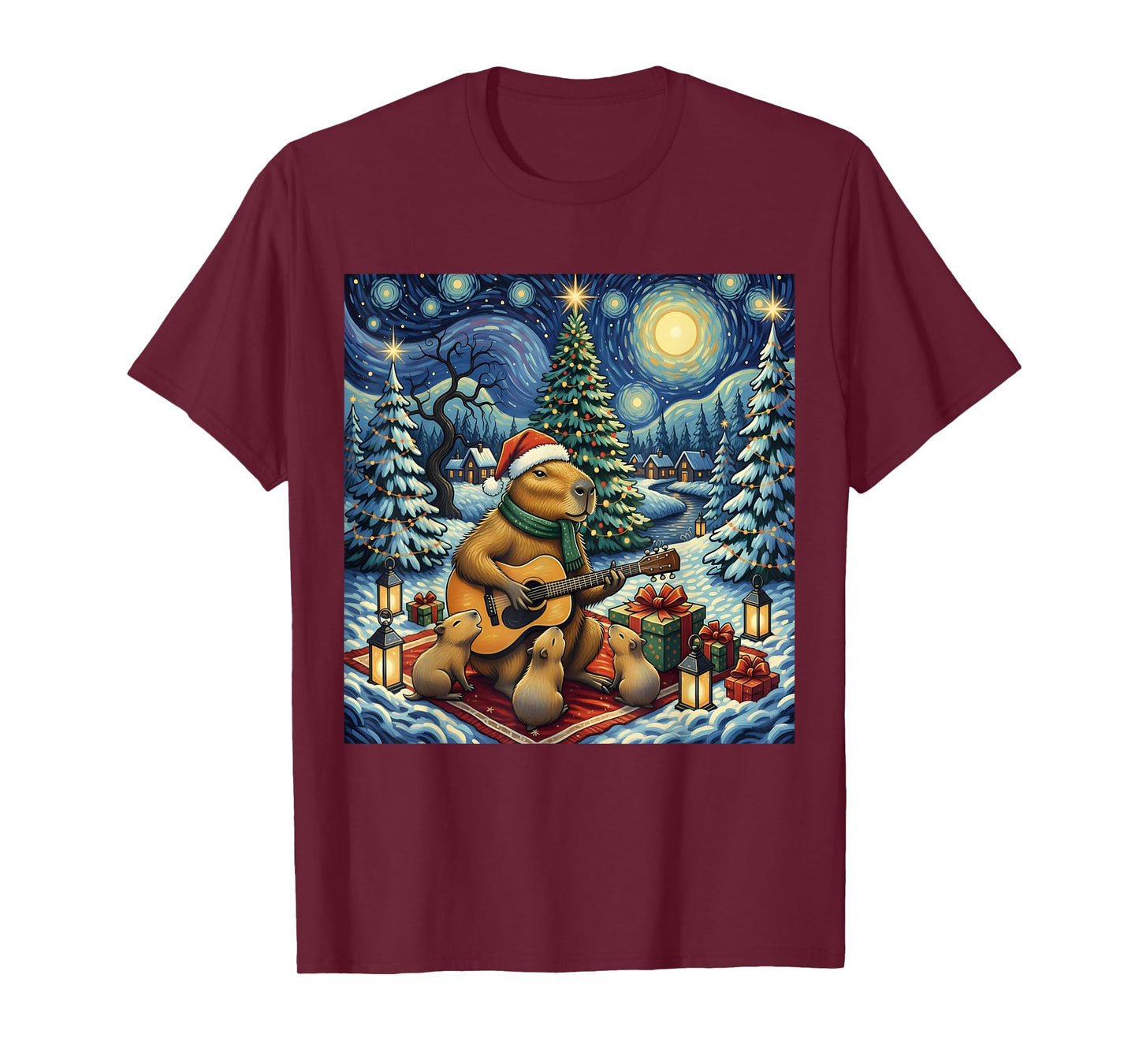 Capybara Playing The Guitar Van Gogh Style Christmas Themed T-Shirt